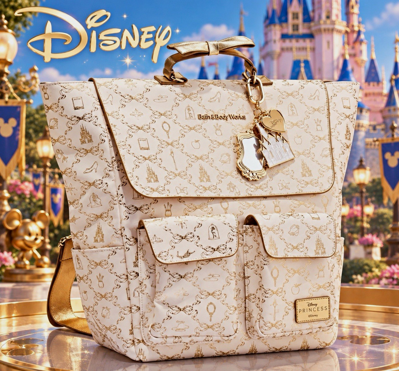 Bath & Body Loungefly Disney Princess Limited Ed White & Gold Allover Print Bag