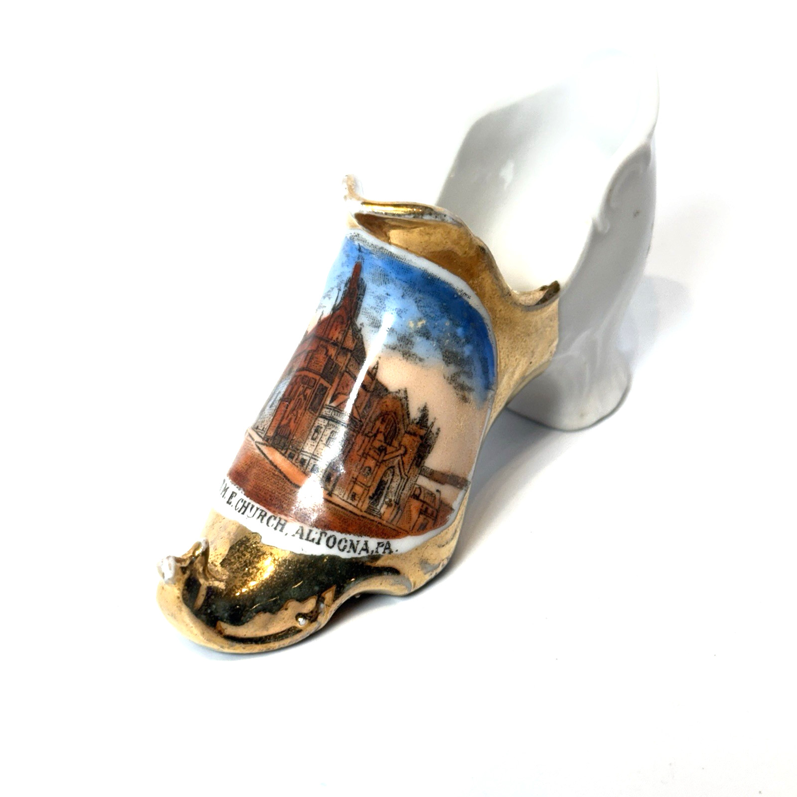 ALTOONA Pennsylvania PA Antique M.E. CHURCH Souvenir TRINKET SHOE GOLD GILDED ALTOONA Pennsylvania PA Antique M.E. CHURCH Souvenir TRINKET SHOE GOLD GILDED