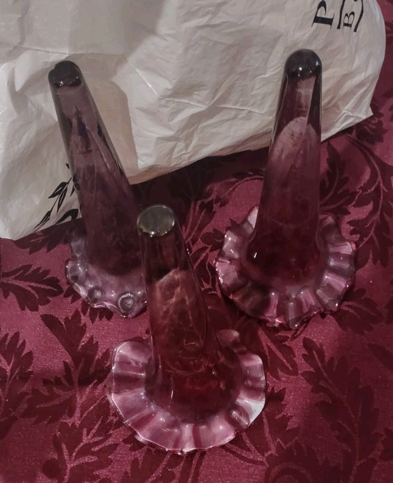 Rare Victorian 3 Three Cranberry Epergne Ruffle Trumpets Swirl Glass Vases VGC Rare Victorian 3 Three Cranberry Epergne Ruffle Trumpets Swirl Glass Vases VGC