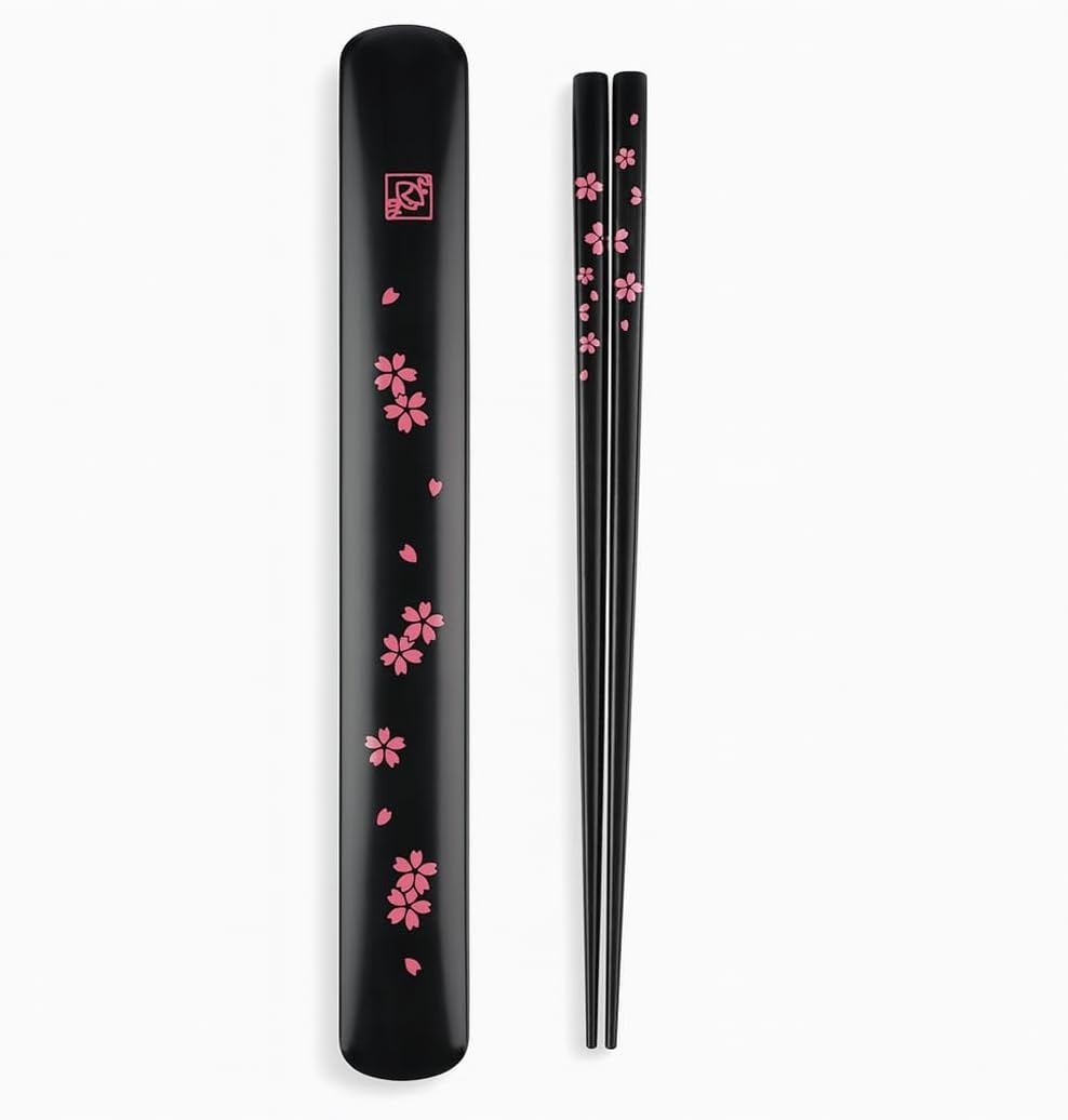 Portable Bamboo Chopsticks w/ Case Reusable Travel Set Sakura Pattern S-3643