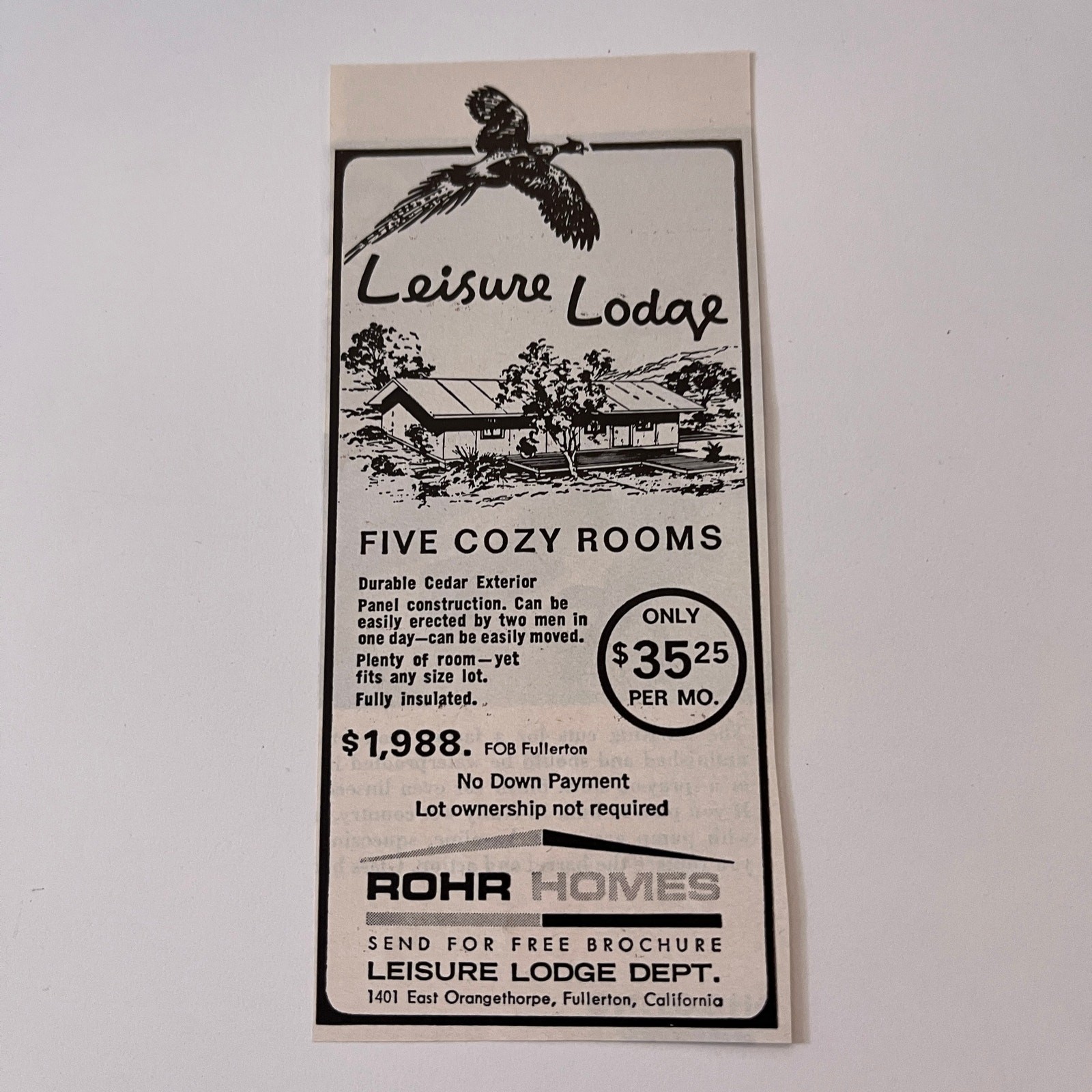Leisure Lodge Rohr Homes Five Cozy Rooms Fullerton CA 1965 Magazine Ad SAG6-H1
