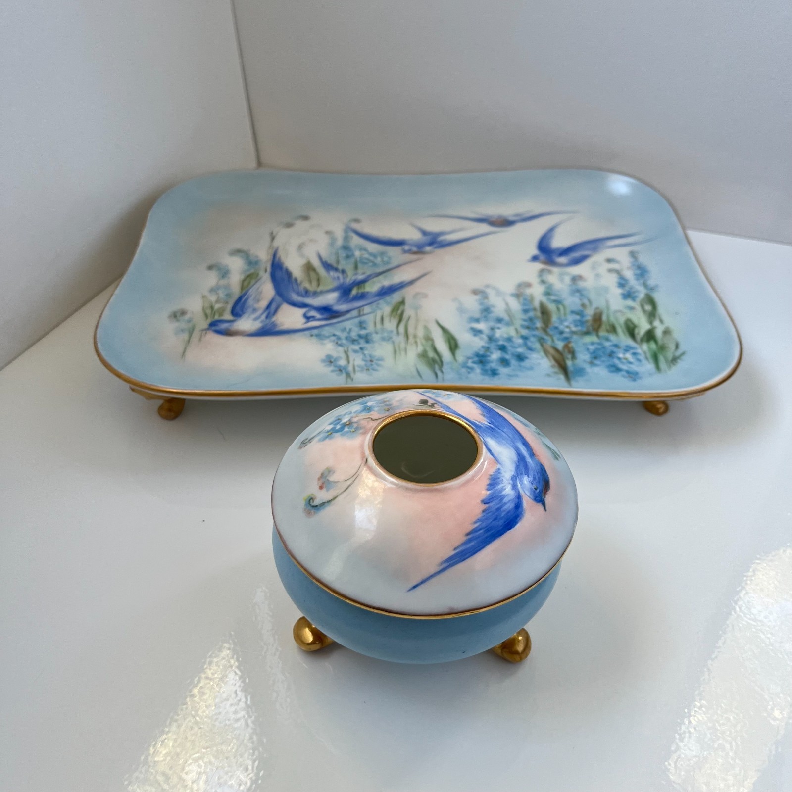 Antique Limoges T&V Hand Painted Blue Birds Tray w/Noritake Nippon Hair Receiver Antique Limoges T&V Hand Painted Blue Birds Tray w/Noritake Nippon Hair Receiver