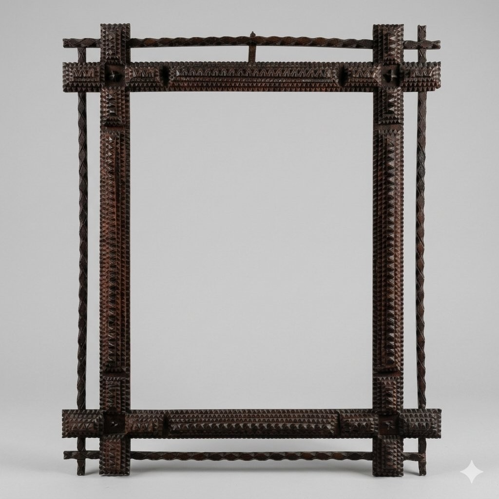 Vintage Tramp Art Frame, Rustic Folk Art Photo Display, Primitive Mirror Frame