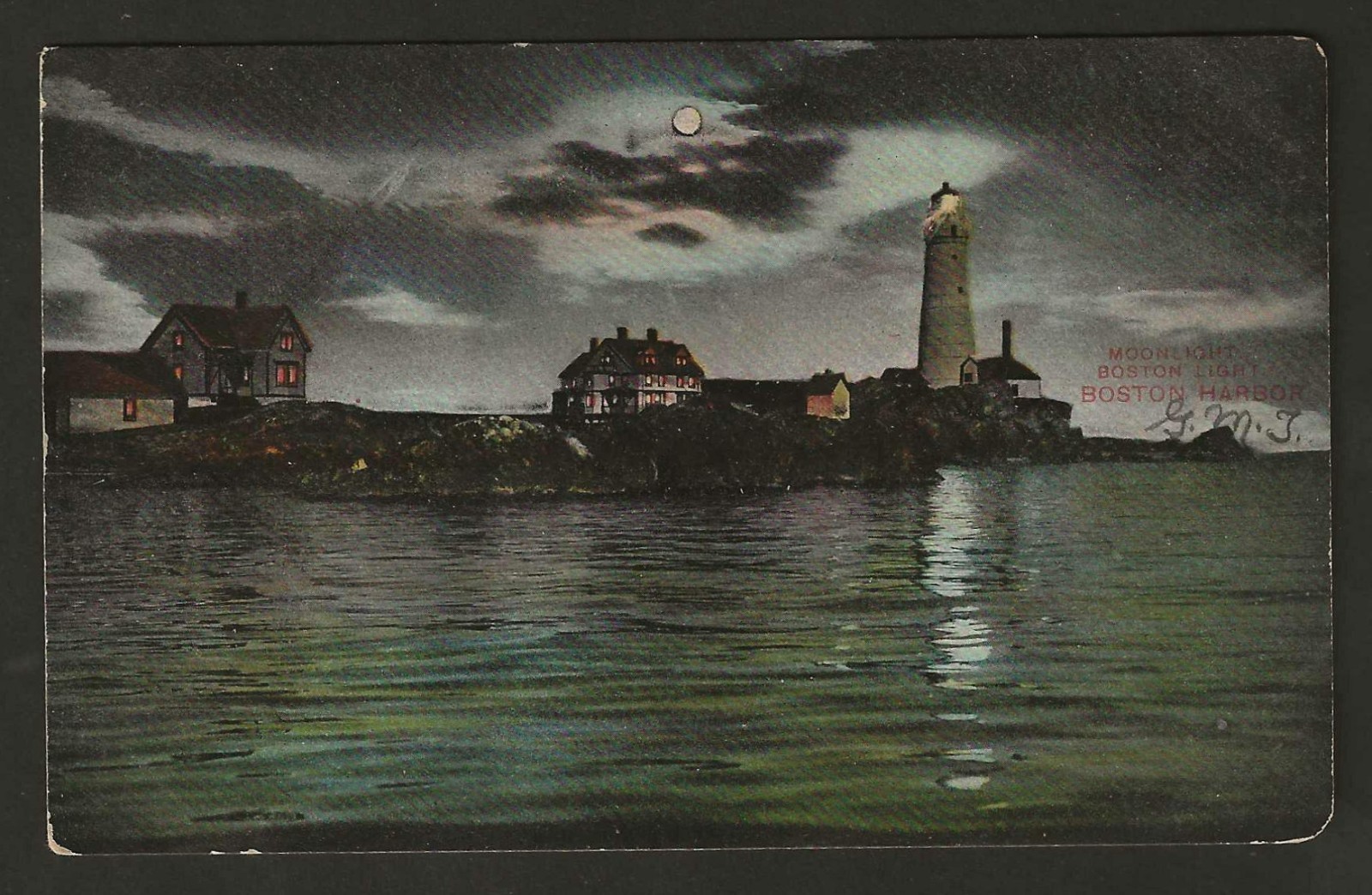 Moonlight, Boston Light, Boston Harbor, Boston, Mass. Post Card