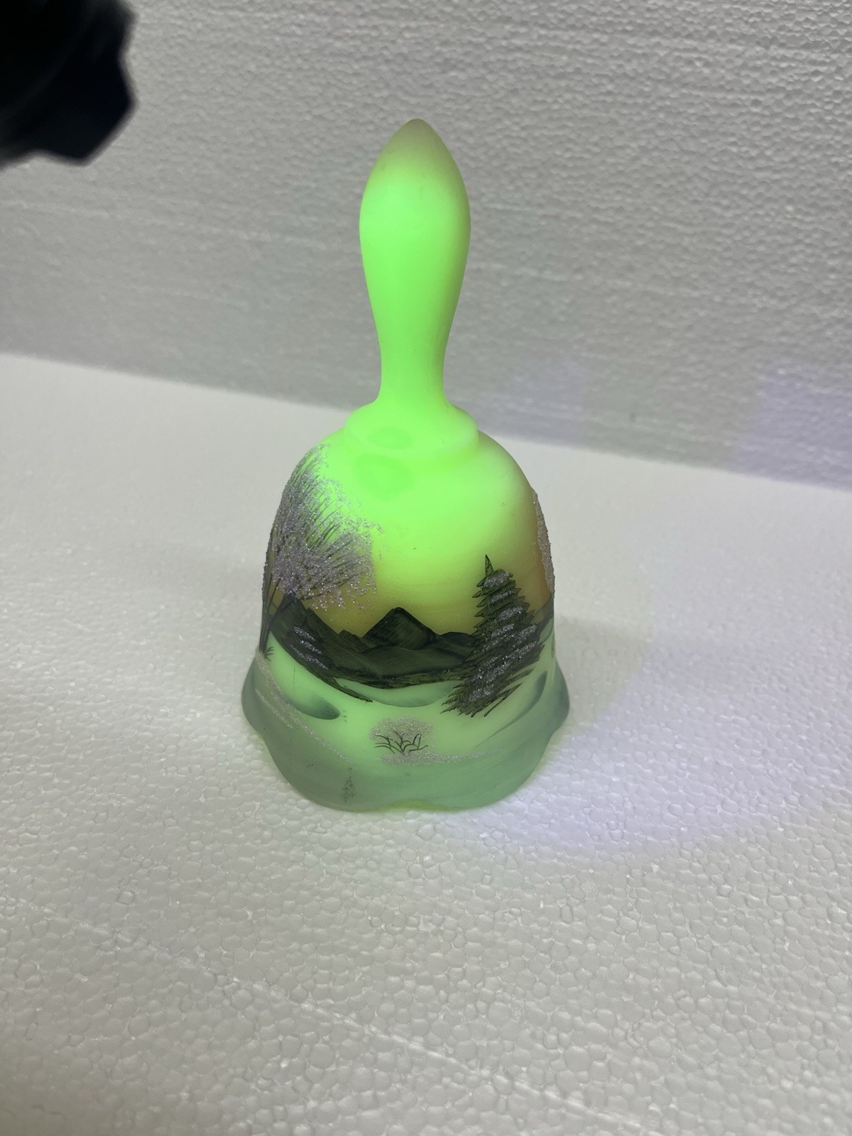 Vintage 1978 Fenton Satin Custard Uranium 6” Bell Hand Painted Signed Church...