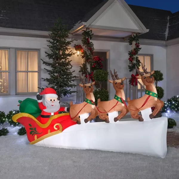 Gemmy Santa's Flying Sleigh Reindeer Airblown Inflatable 11' Christmas Gemmy Santa's Flying Sleigh Reindeer Airblown Inflatable 11' Christmas