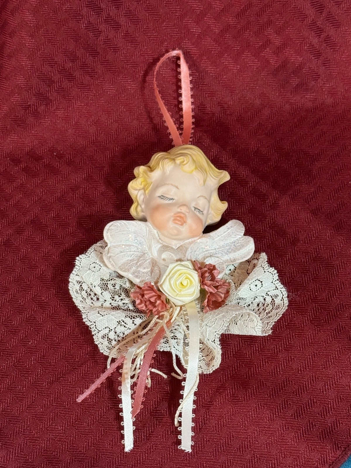 Vintage Scioto Bisque Porcelain Hand Painted Sleeping Angel Ornament