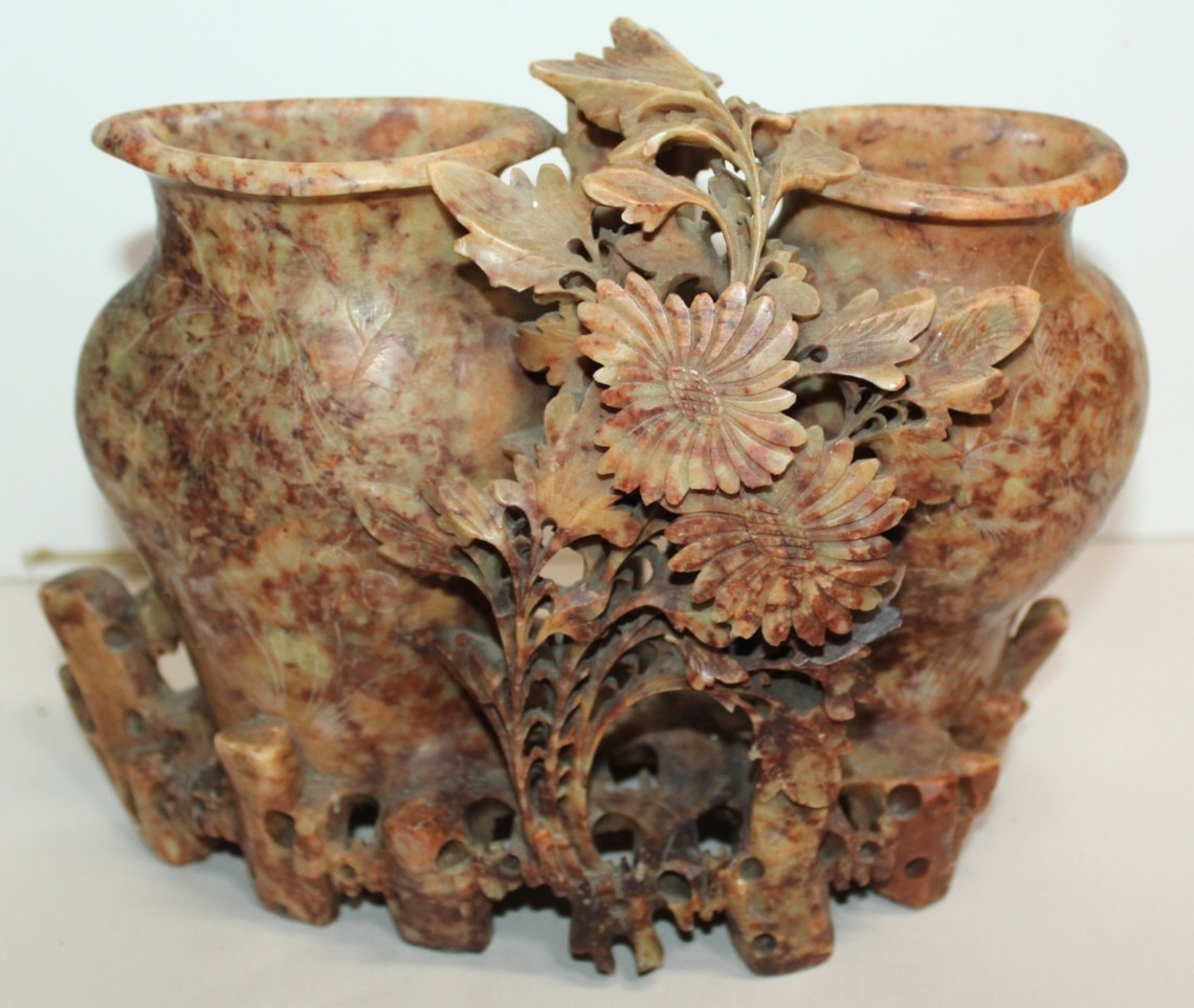 Vintage Chinese Hand Carved Soapstone Double Vase