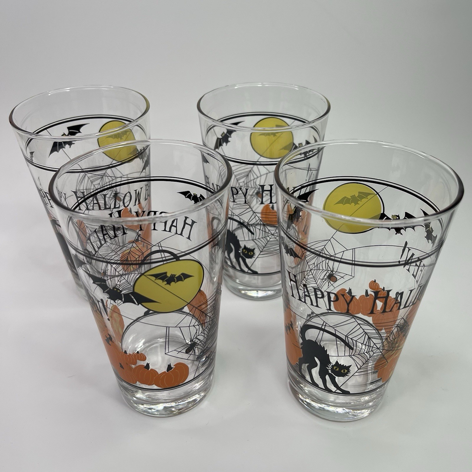 Vintage Libbey Happy Halloween Glasses Set of 4 Cat Spider Pumpkins Moon 16oz