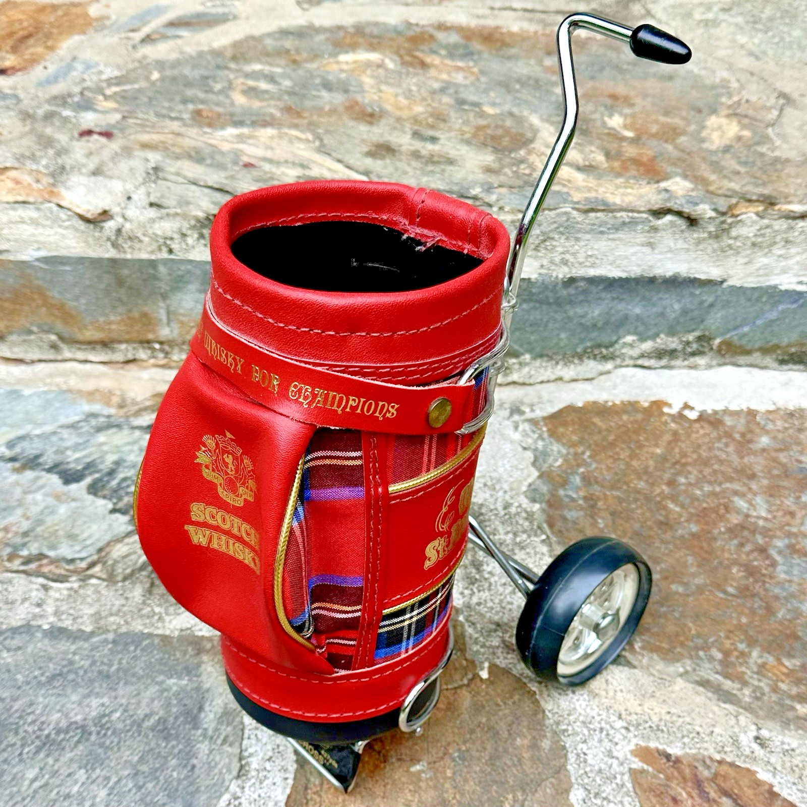 Vtg Old St. Andrews Golf Bag Scotch Whiskey Bourbon Bottle Holder Pull Cart ~Red