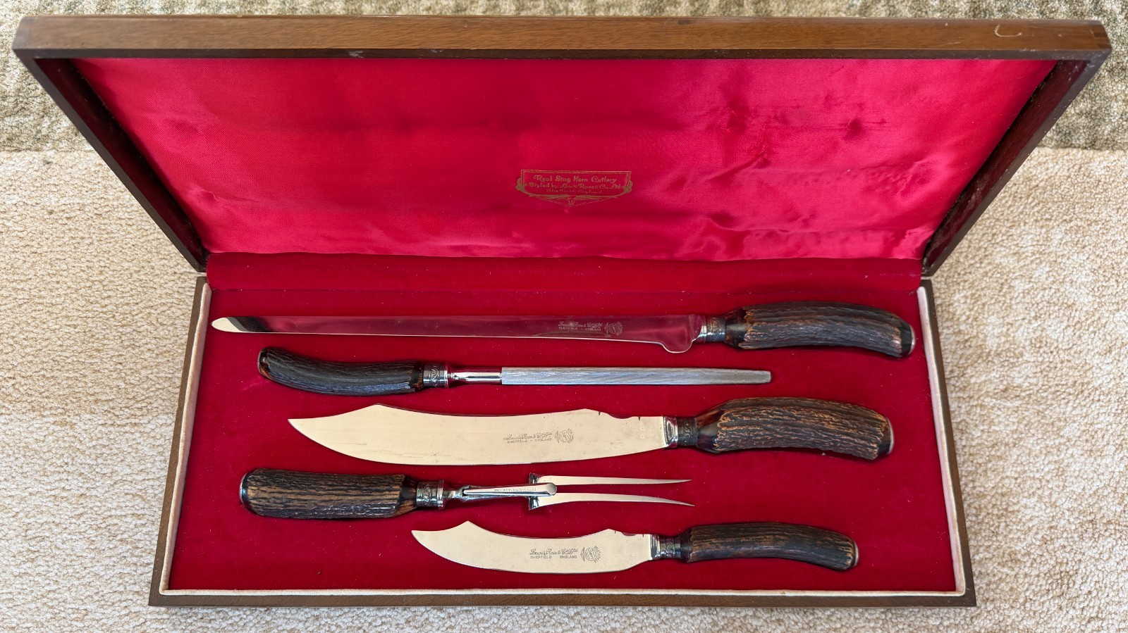 Lewis & Rose Co. Carved Stag Horn Cutlery Carving Set Sheffield England 5 Pieces