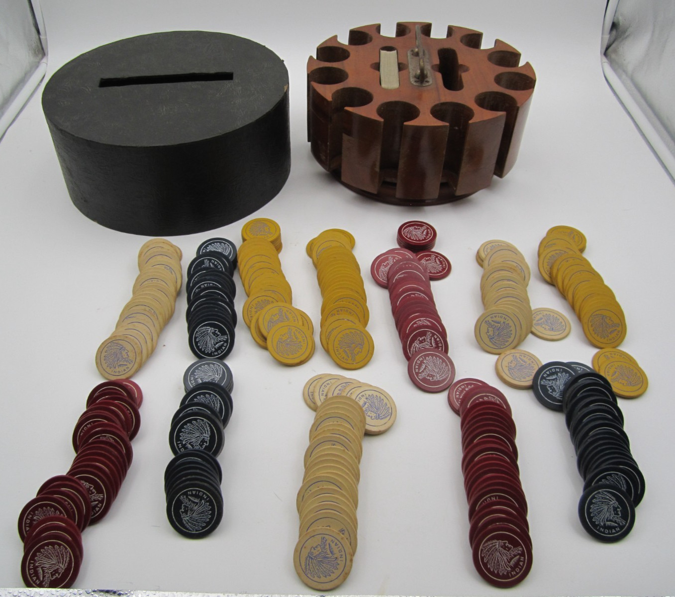 RARE SET 1906 Design Antique Clay Poker Chips Engraved w/ Indian Chief 4 Colors