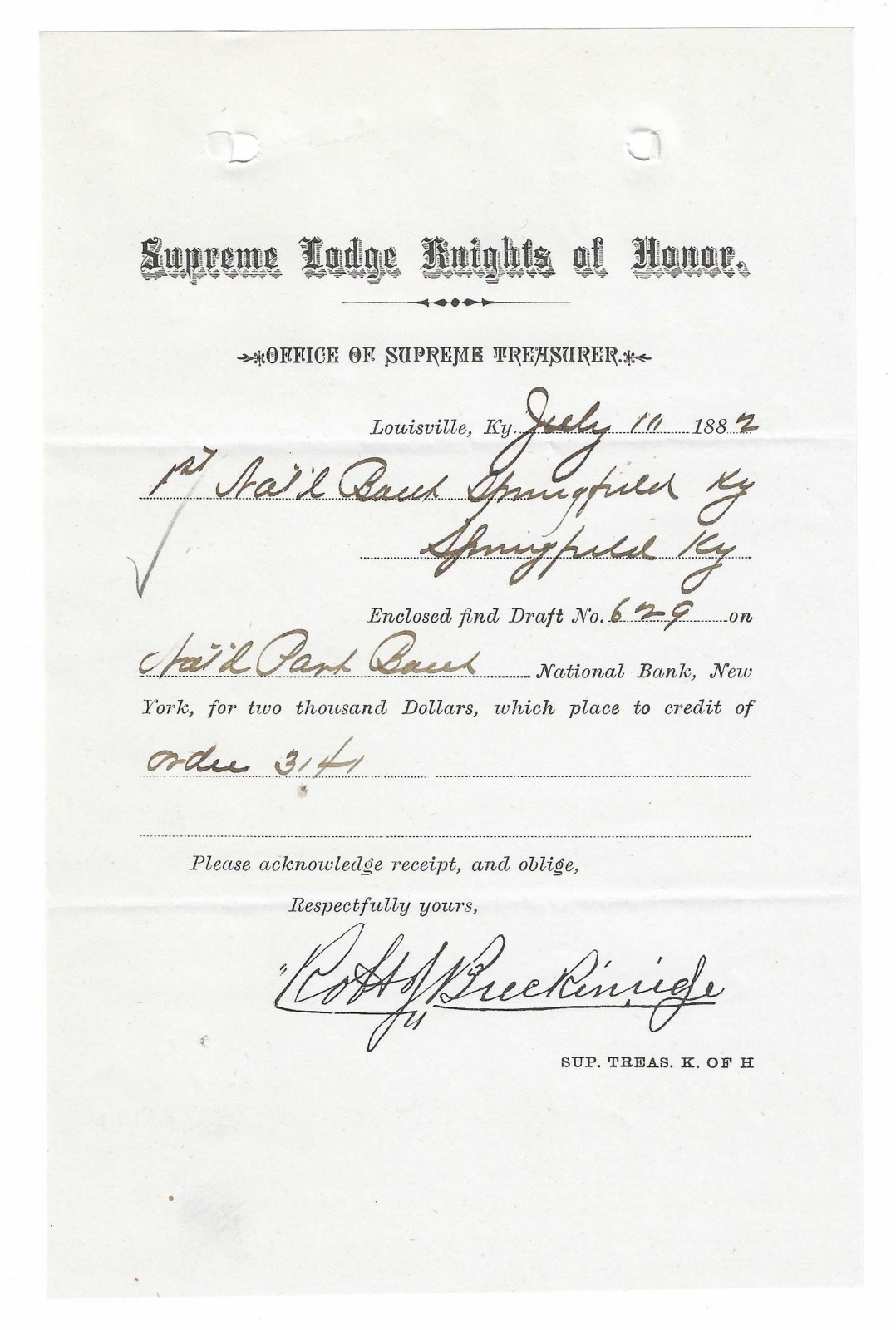 1882 Louisville KY ~ Supreme Lodge Knights Of Honor ~ Robert J. Breckinridge 1882 Louisville KY ~ Supreme Lodge Knights Of Honor ~ Robert J. Breckinridge