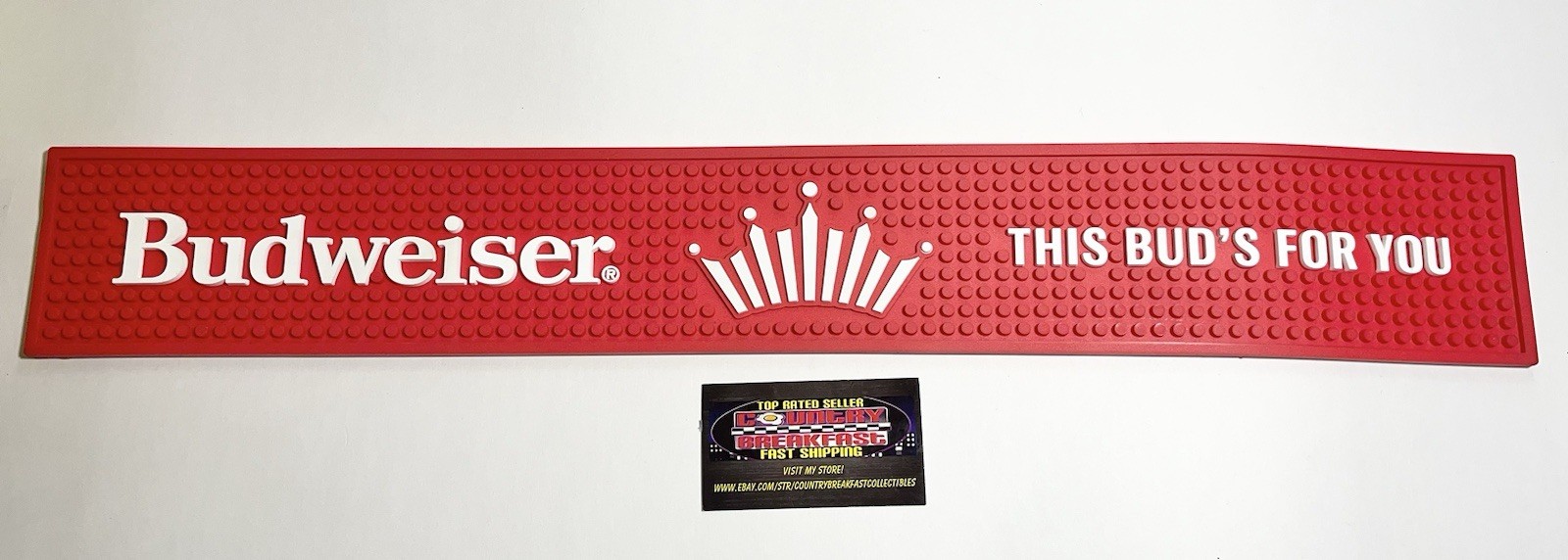 Budweiser Beer “This Bud’s For You” Rubber Bar Rail Spill Mat 24x3.5” Brand New Budweiser Beer “This Bud’s For You” Rubber Bar Rail Spill Mat 24x3.5” Brand New