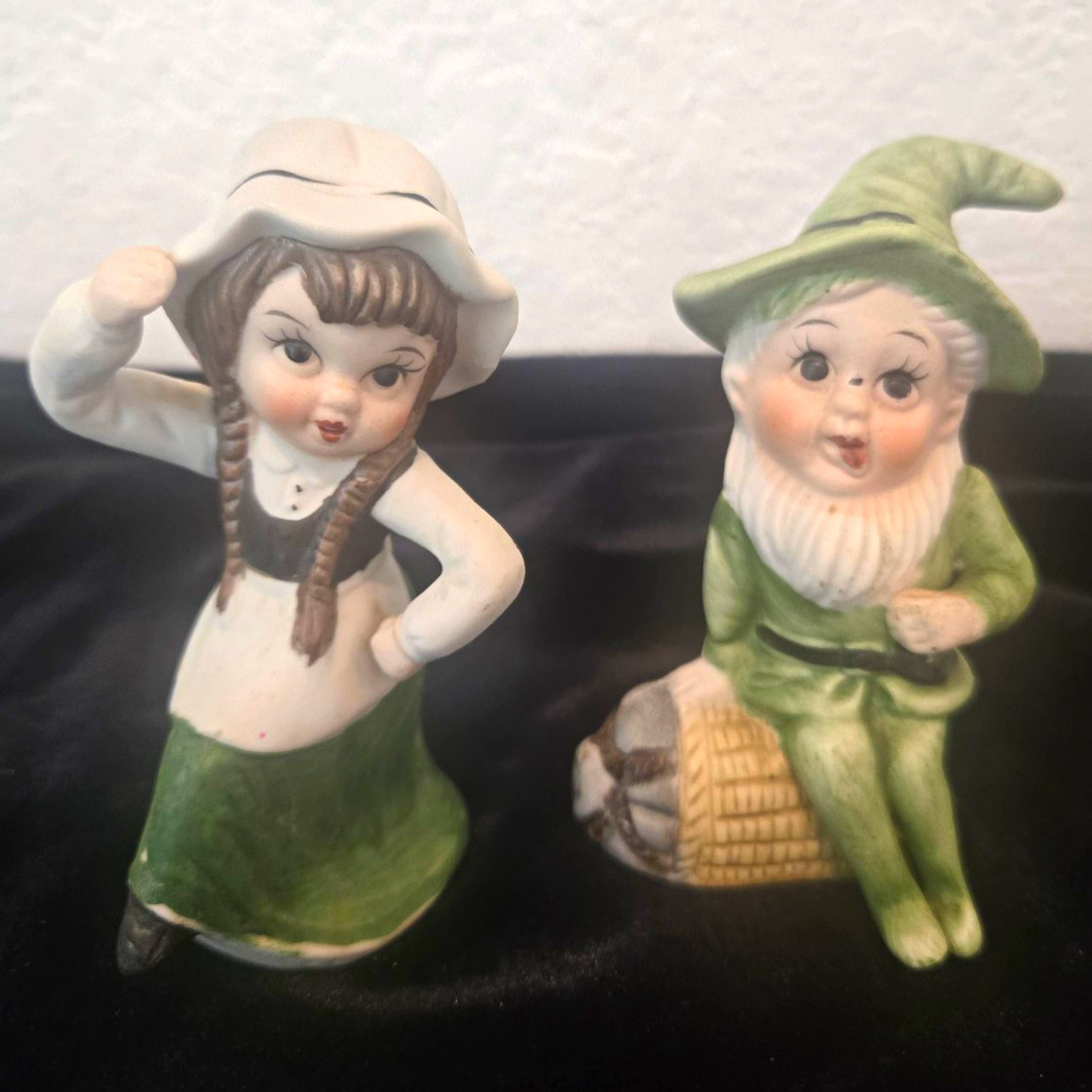 Vintage Hand Painted Ceramic Figurines Irish Girl & Gnome /Leprechaun Figurines 