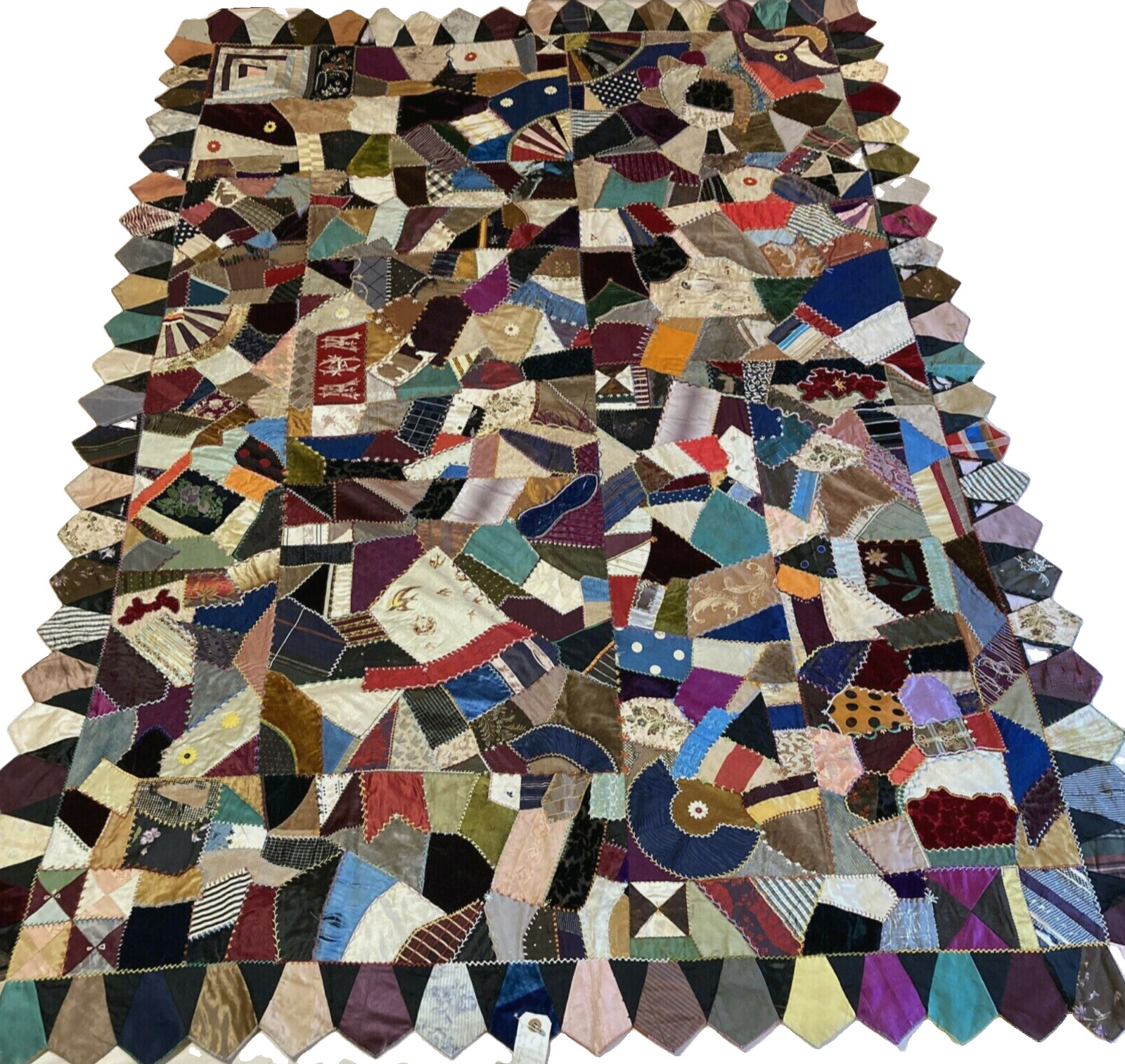 Antique 1910s Crazy Quilt Velvet Silk Embroidered Patchwork Sawtooth Provenance