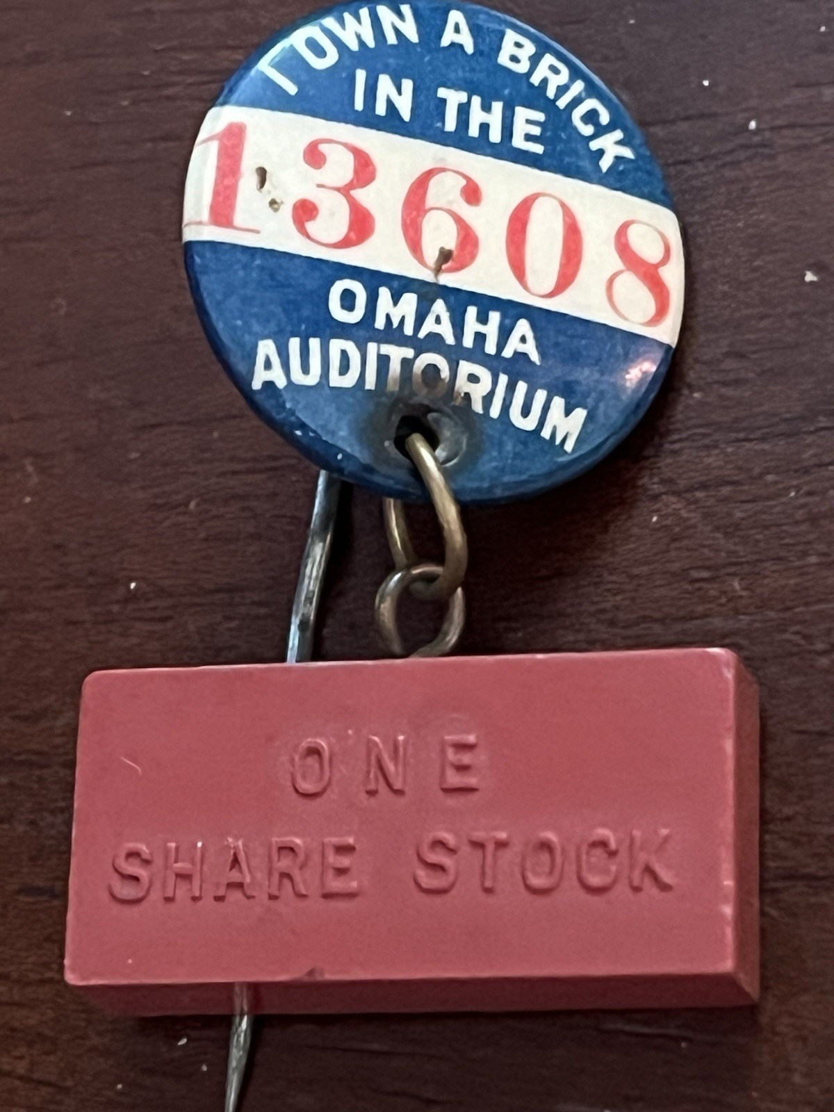 I Own a Brick,Omaha,Auditorium, Stick Pin withBrick #13608  Button.Backing Paper