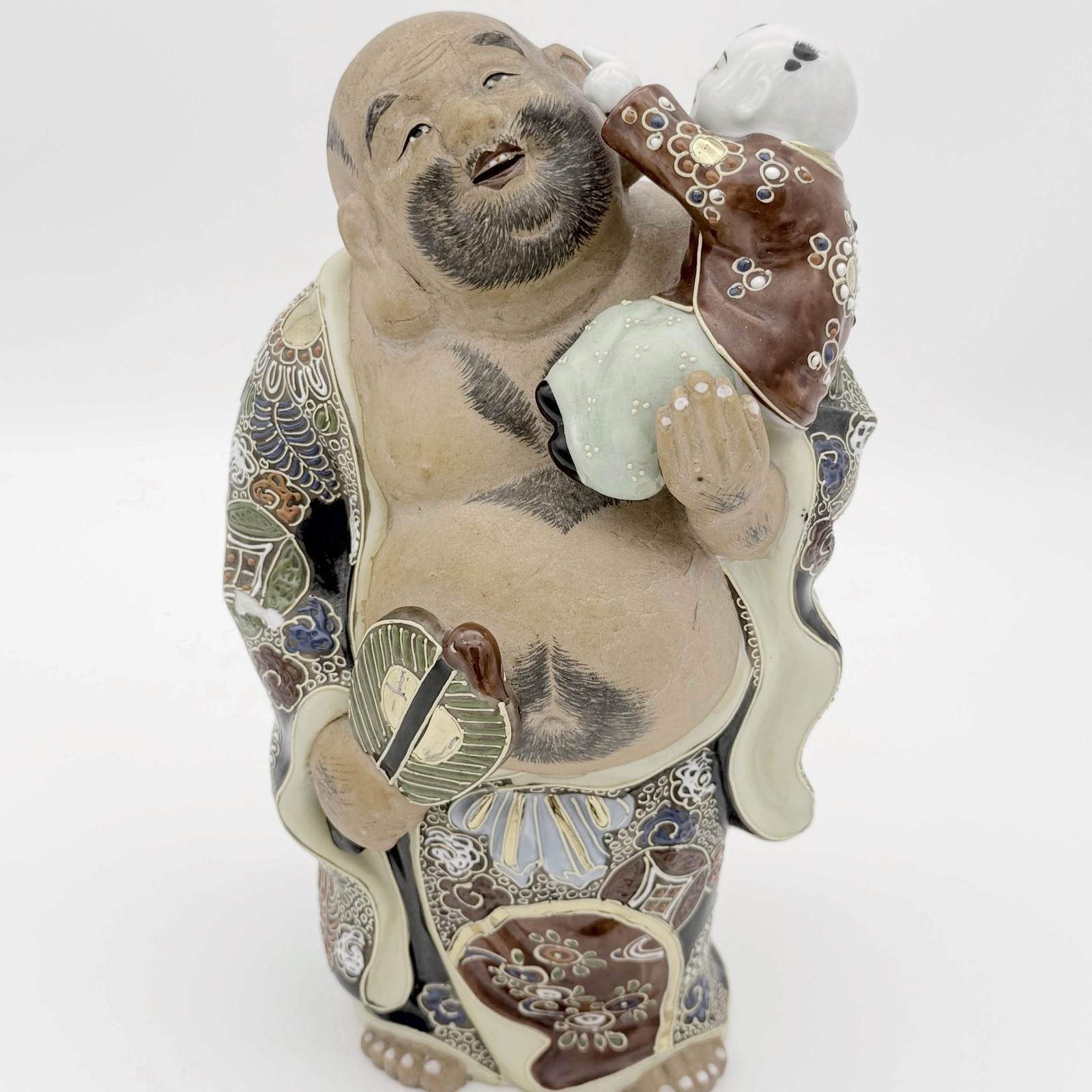 Vintage Kutani Hotei Buddha Statue With Child Moriage Signed CPO Occupied Japan