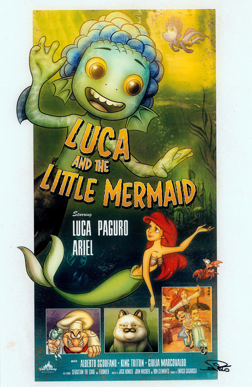 Jon Pinto SIGNED Disney Movie Art Print Luca & The Little Mermaid Mashup / Ariel