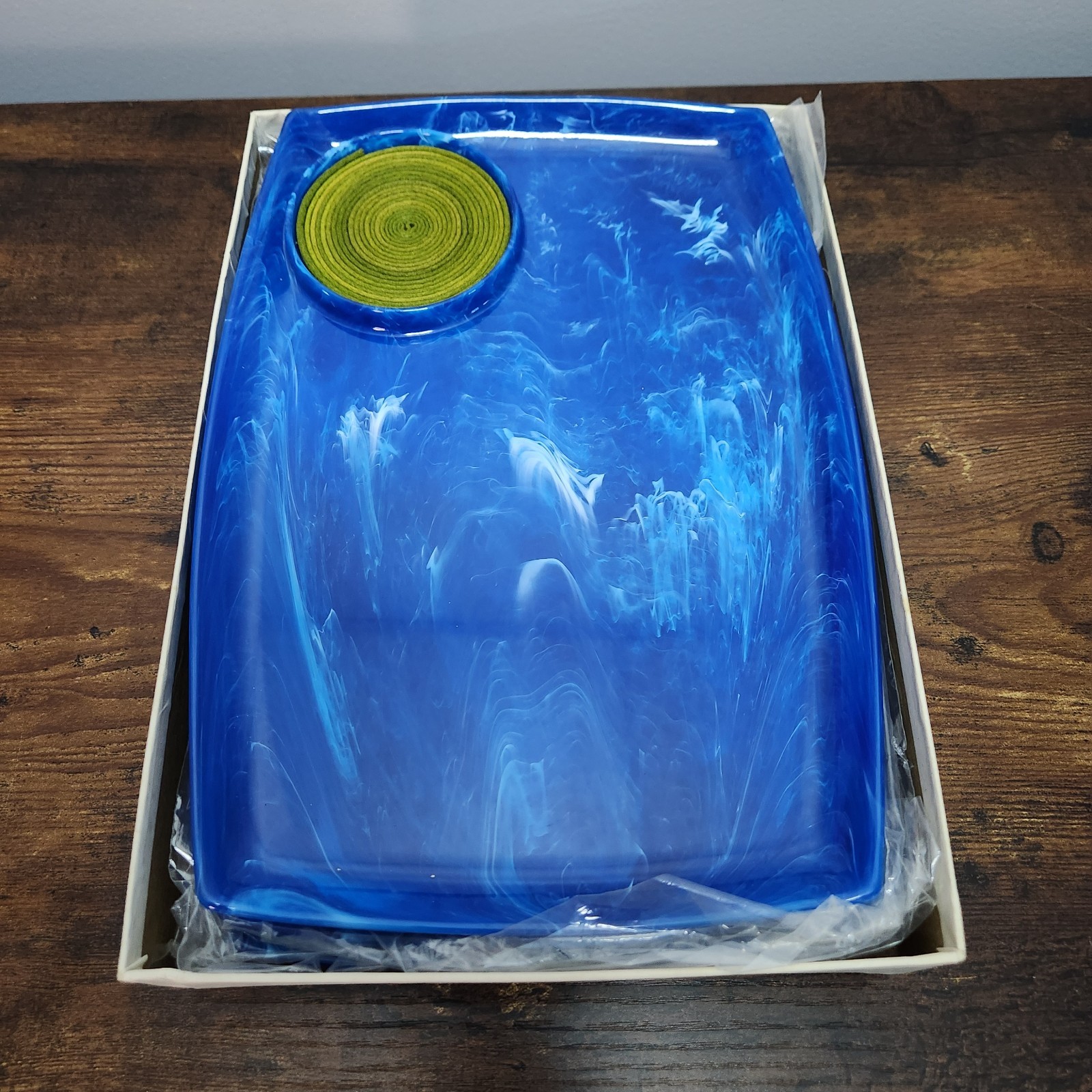 Vintage MCM Dinner Trays w/ Coasters Blue White Swirl Atomic Pattern Set of 4