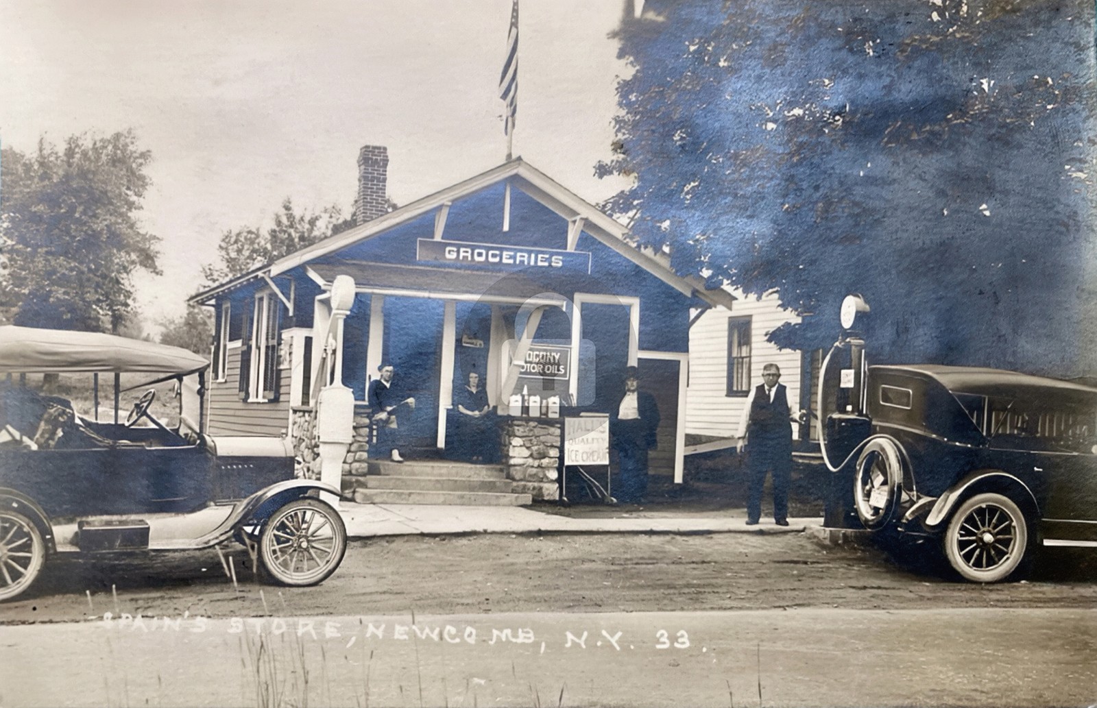 Newcomb NY Spain\'s Grocery General Store Socony Gas Station RPPC Postcard COPY