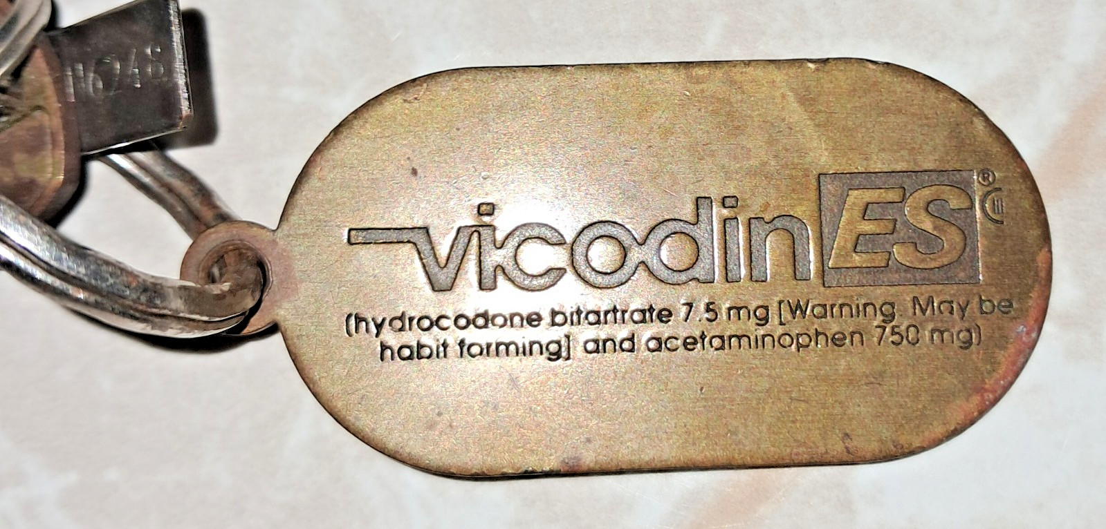 Rare 1980\'s Pharmaceutical Advertising Vicodin ES Brass Keychain Tag w/ Key Rare 1980\'s Pharmaceutical Advertising Vicodin ES Brass Keychain Tag w/ Key