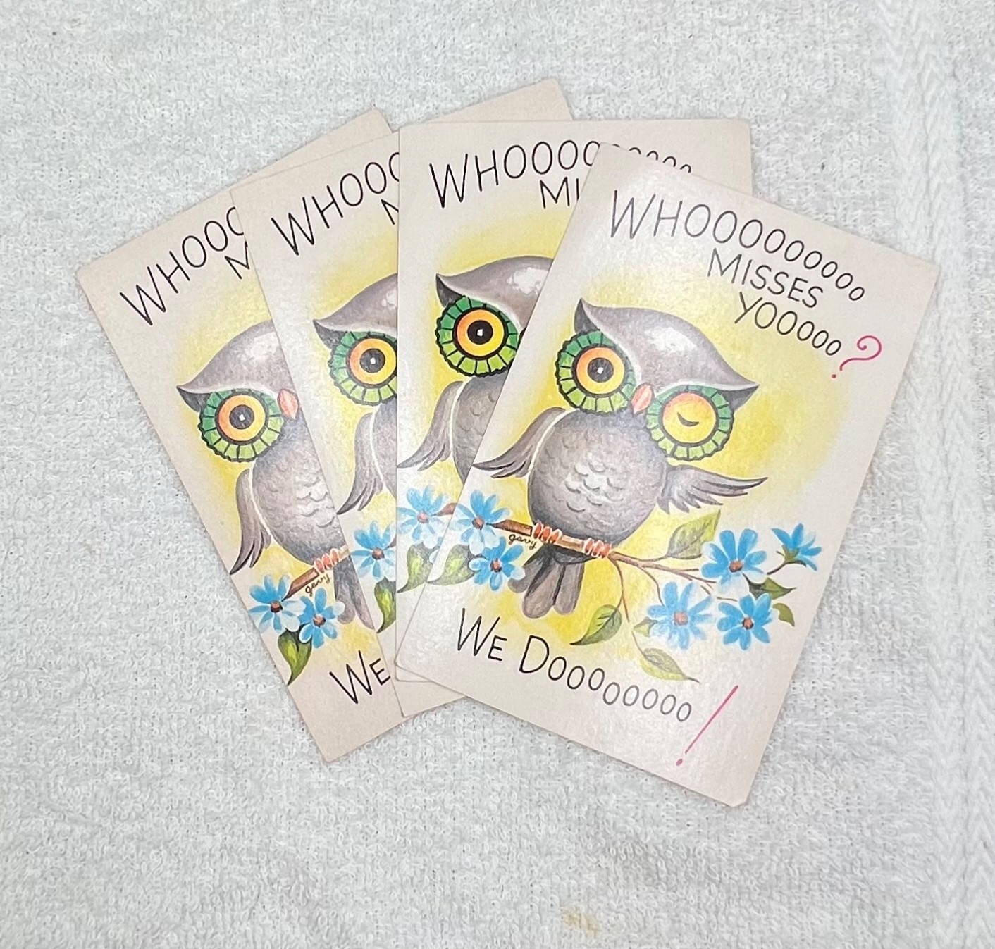 Vintage Set Of 4 Mid Century Owl Postcards Who Misses You School Church Blanks Vintage Set Of 4 Mid Century Owl Postcards Who Misses You School Church Blanks