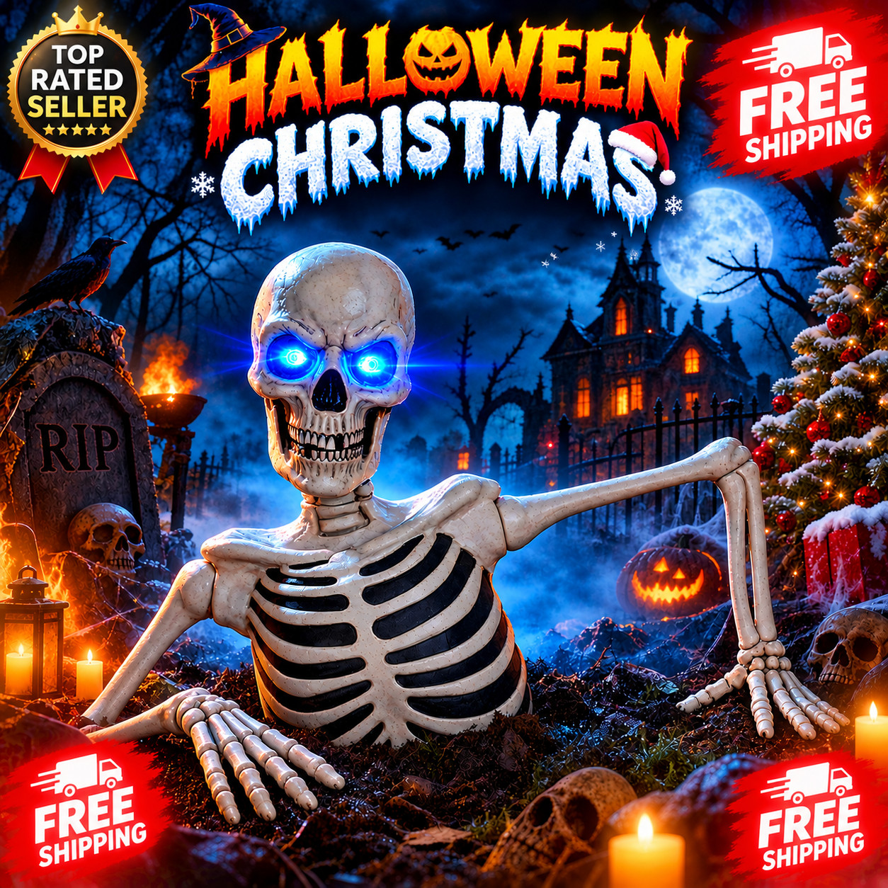 Giant Ground Halloween Skeleton Breaking With Lights Sounds 5ft (1.6m) Giant