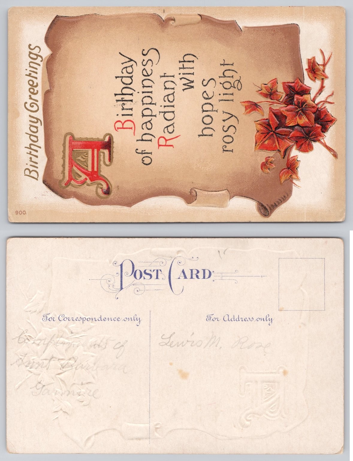 Vintage Embossed Birthday Greetings Postcard \