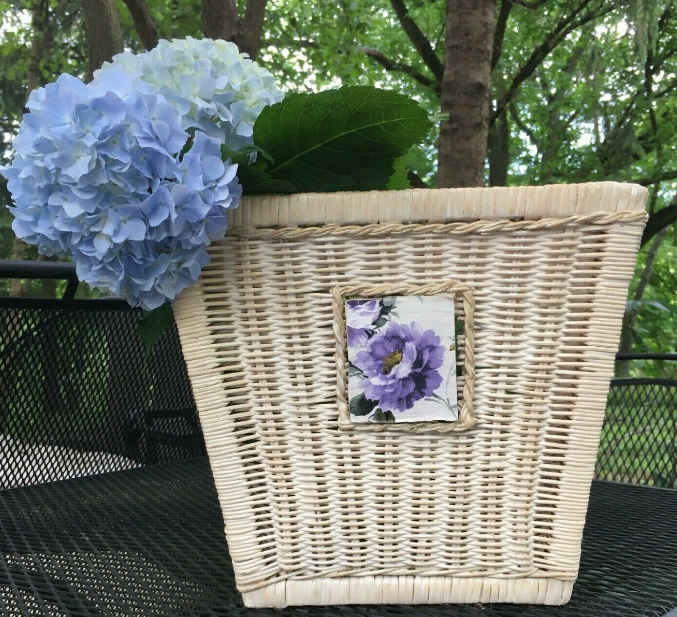 Vintage Antique NATURAL WHITE WICKER *Purple Flower Inset* Plant Waste BASKET