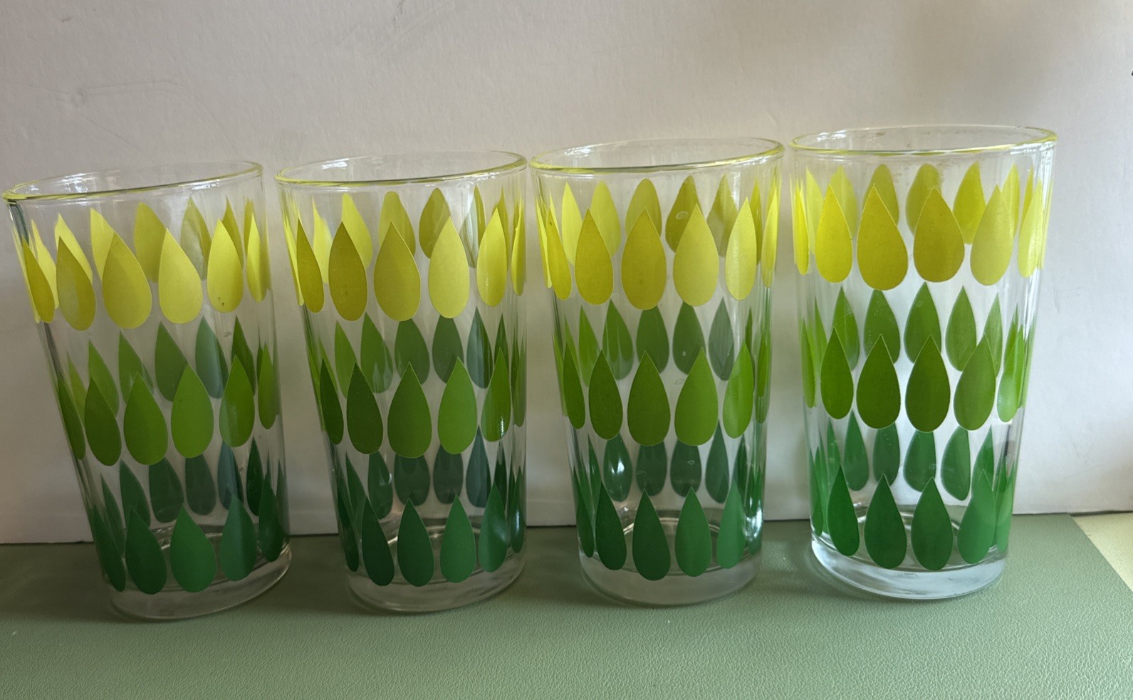 VTG Set/4 Cutler GREENS Glasses Teardrops Raindrops 1960 Tumblers Juice Water