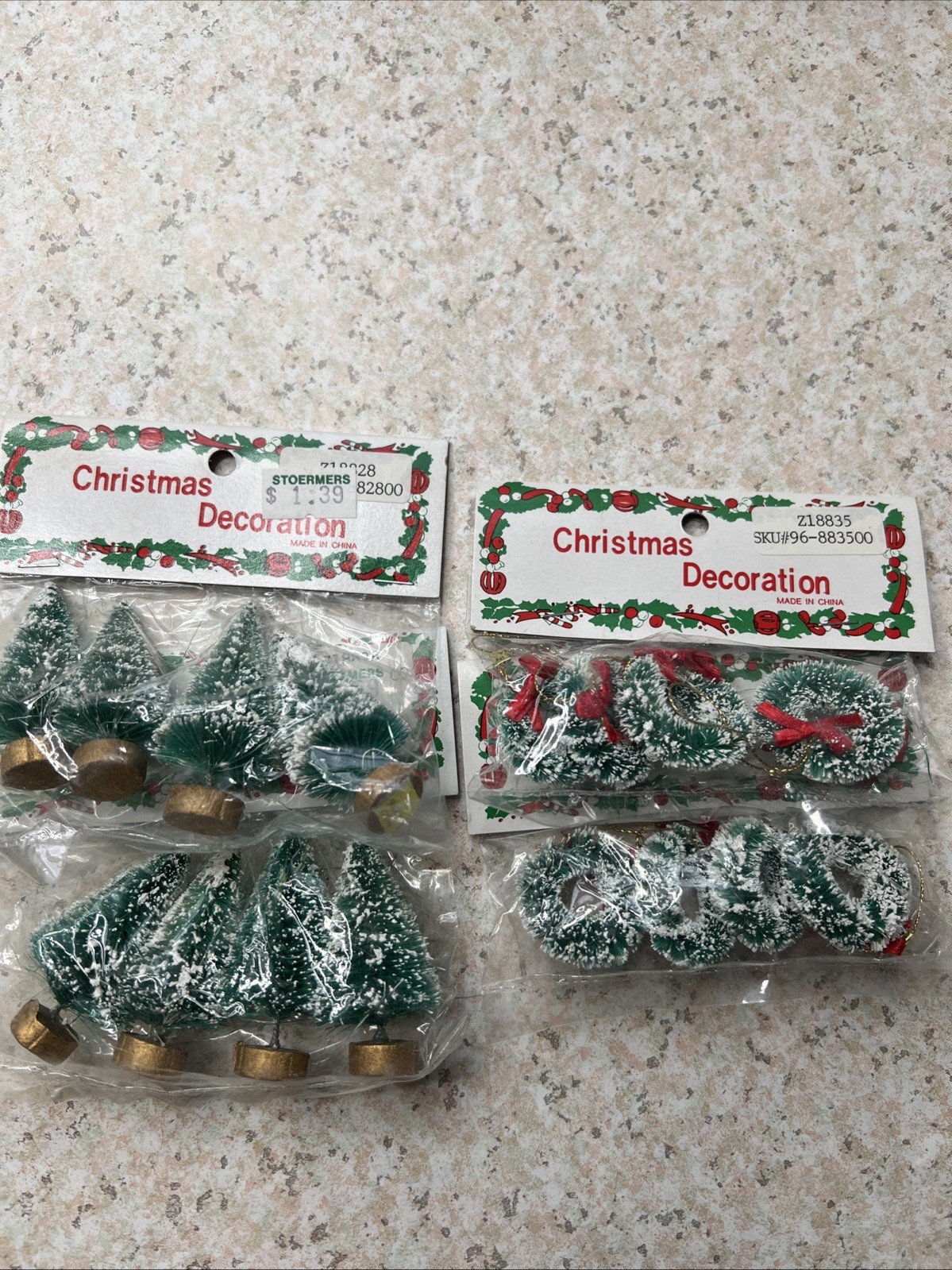 4 Pkgs Christmas Miniature Frosted Wreaths 1-1/4” & Bottle Brush Trees 2” VTG 4 Pkgs Christmas Miniature Frosted Wreaths 1-1/4” & Bottle Brush Trees 2” VTG