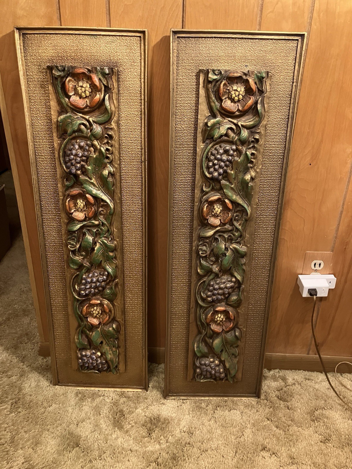 2 Vintage Syroco MCM 3D Gold Wall Plaques Ornate Floral & Fruit Motif 20”x 8”ea
