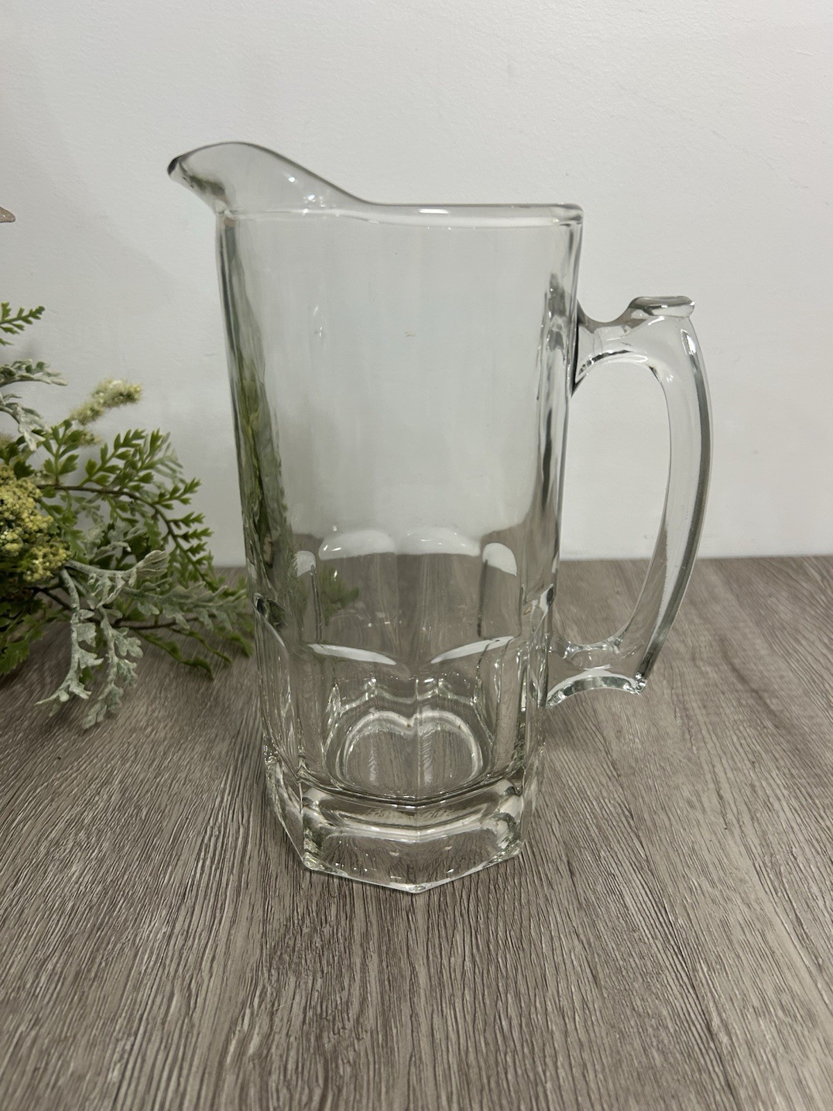 Vintage Heavy Clear Glass Pitcher 7.5” Tall For Beer, Juice, Milk, Iced Tea