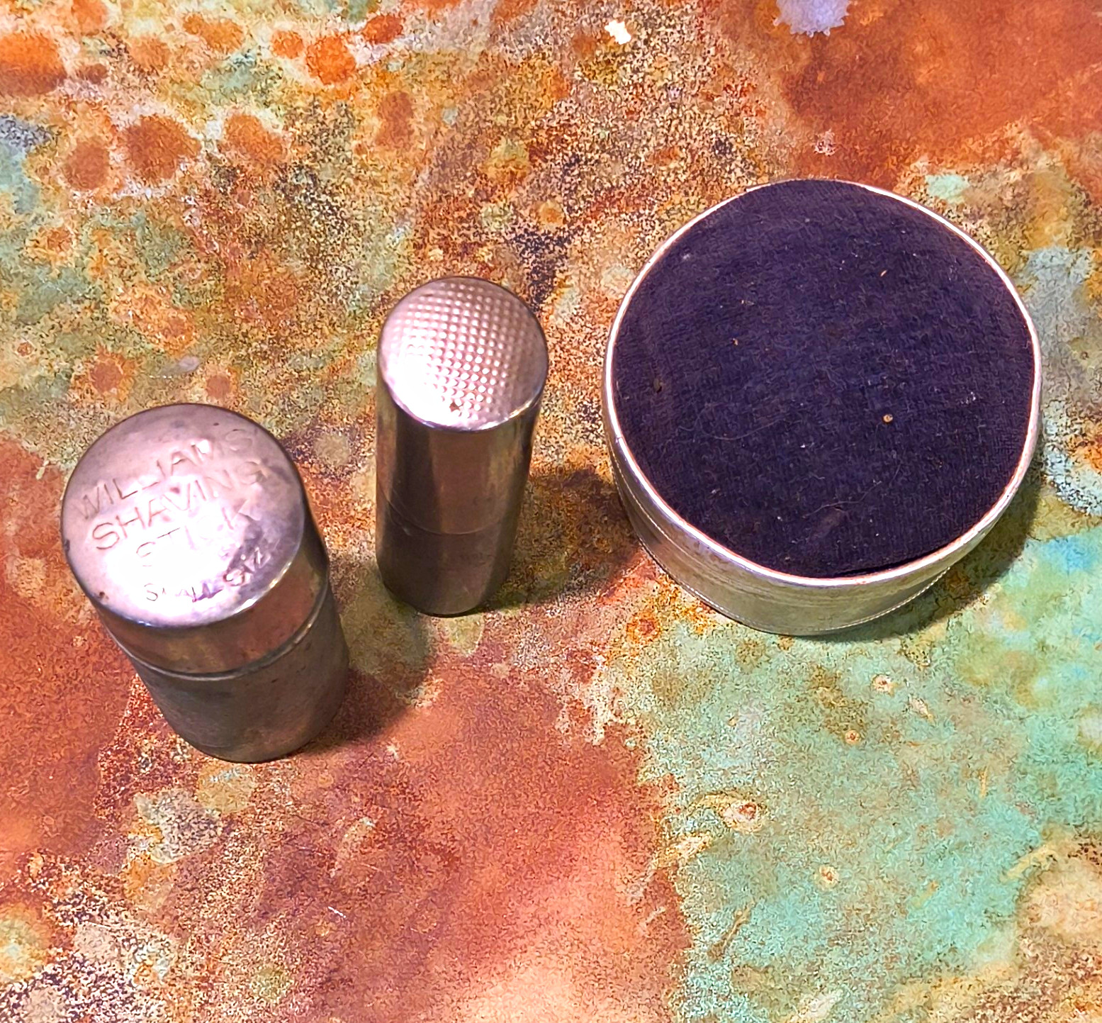 Vintage Travel Mini Containers Lot: Shaving Kit, Lipstick Tube & Mirror Compact