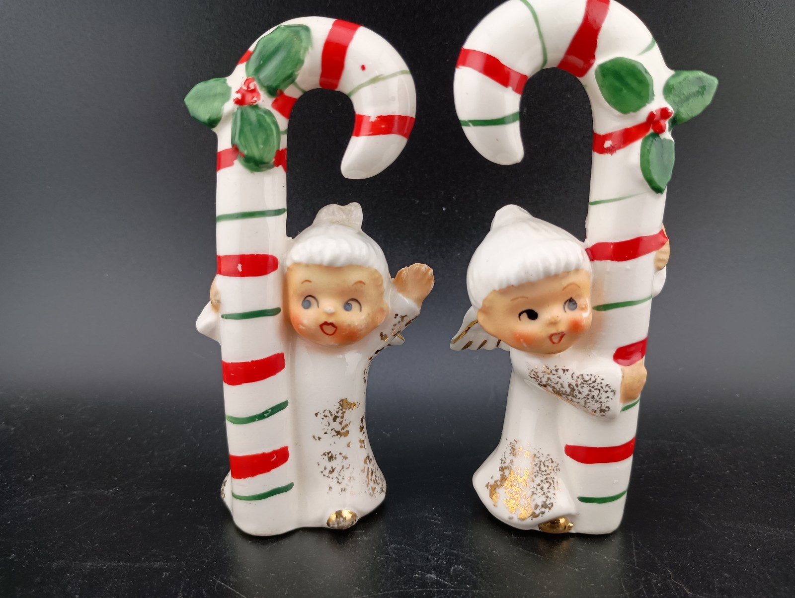 Vintage Ceramic Japan Angels Holding Candy Canes Decorated w Holly MCM Christmas