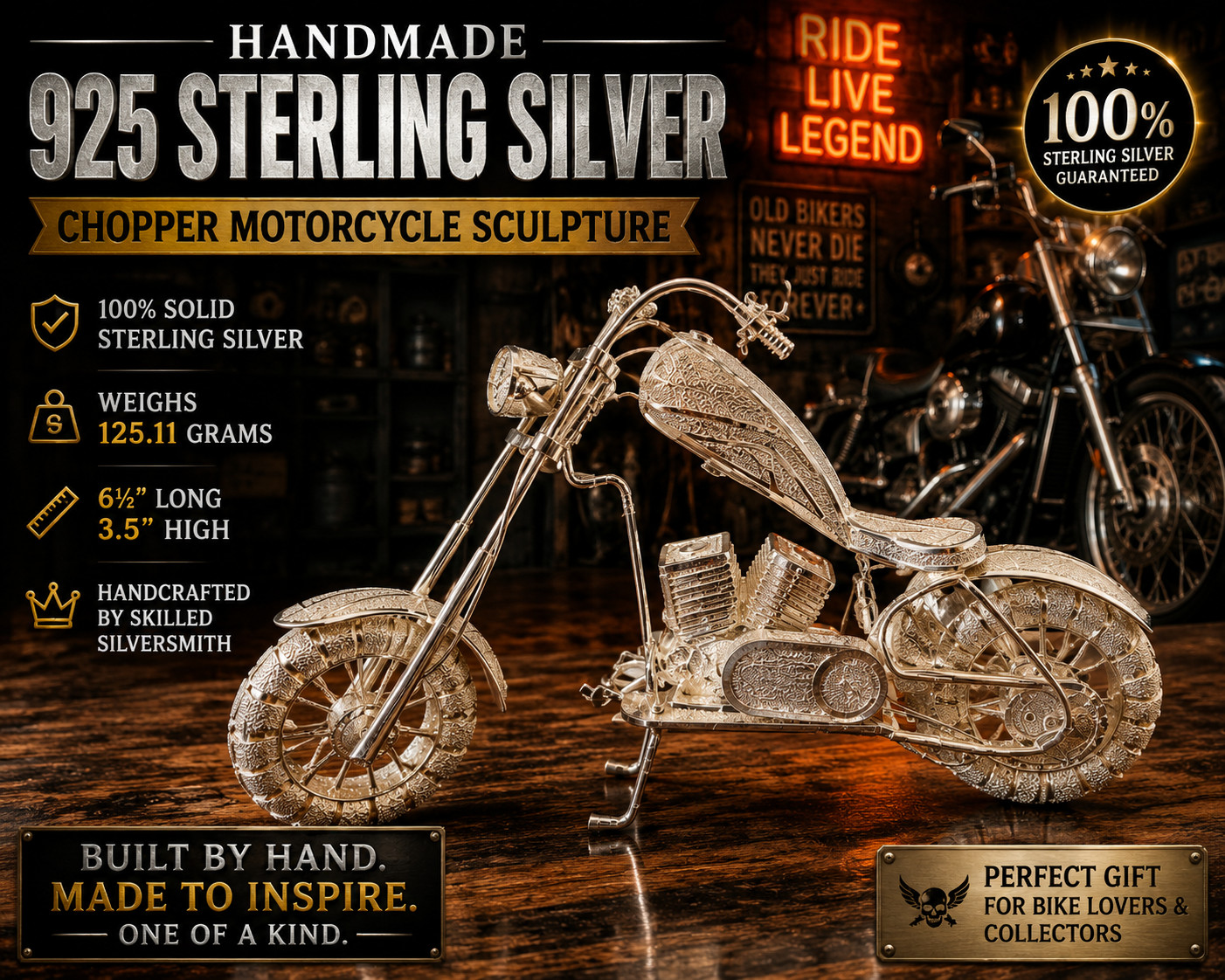 Handmade 925 Sterling Silver Chopper Motorcycle Sculpture Biker Collector Gift Handmade 925 Sterling Silver Chopper Motorcycle Sculpture Biker Collector Gift