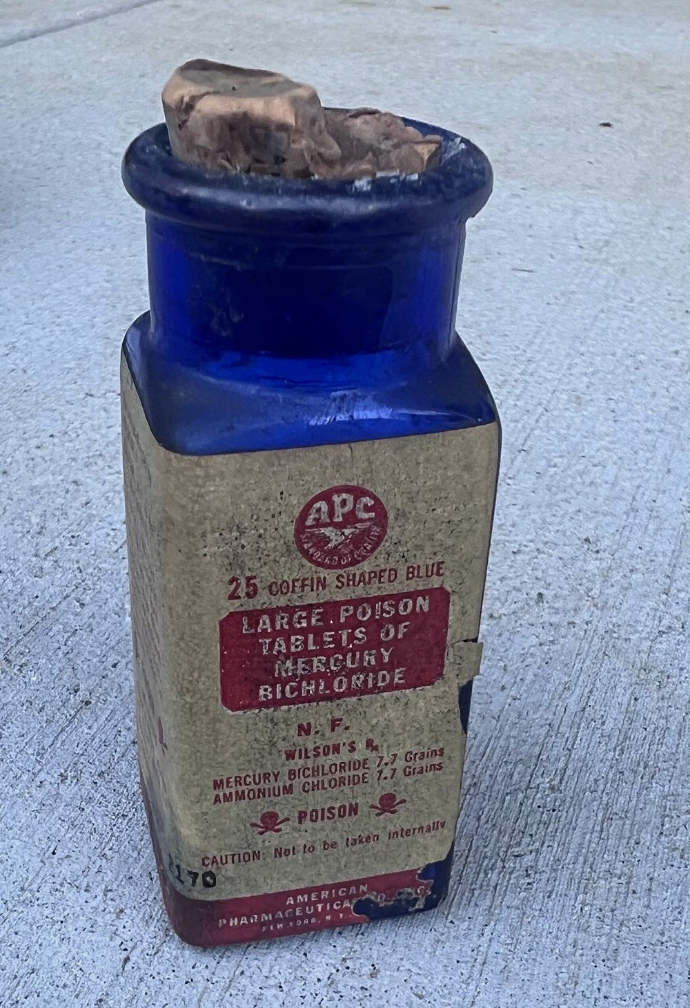 Antique 1920s Blue Glass Poison Bottle w/ Cork & Intact Label