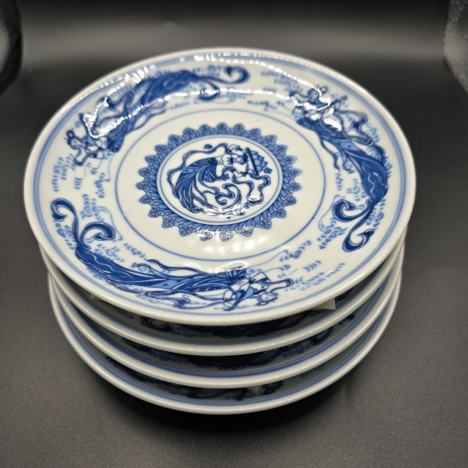 Vintage Blue White Chinese Porcelain Plates Set of 4 Flying Apsara Phoenix