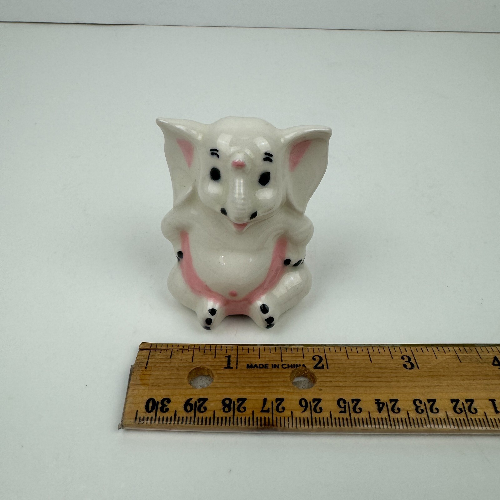 Vtg Sitting Ceramic Porcelain White Elephant Figurine Pink Accents 2.5 in tall