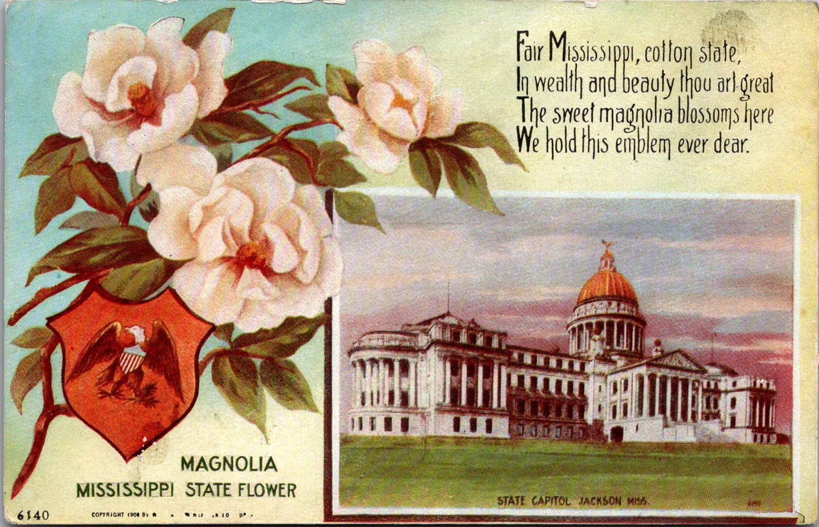 Mississippi Magnolia State Flower Jackson Capitol Vintage Postcard 4P23-25 Mississippi Magnolia State Flower Jackson Capitol Vintage Postcard 4P23-25