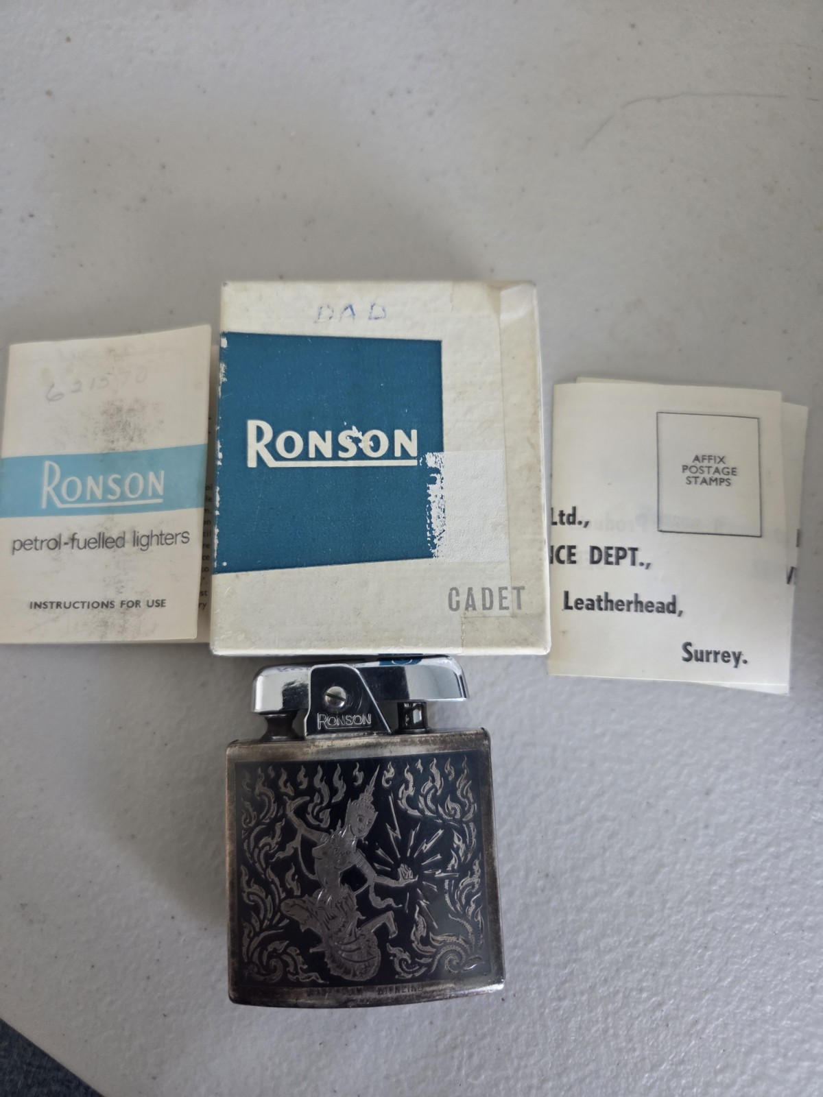 Vintage 1950\'s Ronson Cadet Siam Sterling Silver Niello Lighter With Box-WORKS