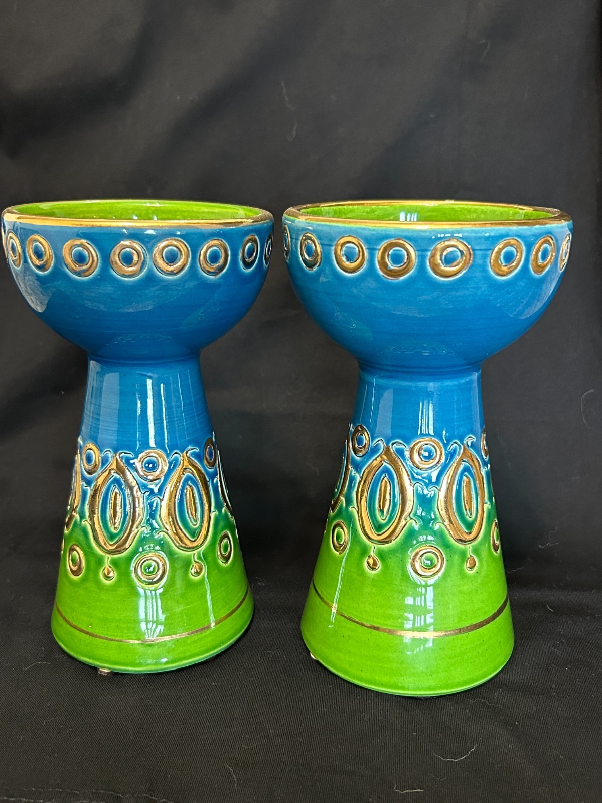 MCM Rosenthal Netter Bittossi Green Blue Candle Stick Holder Pair Italy Pottery