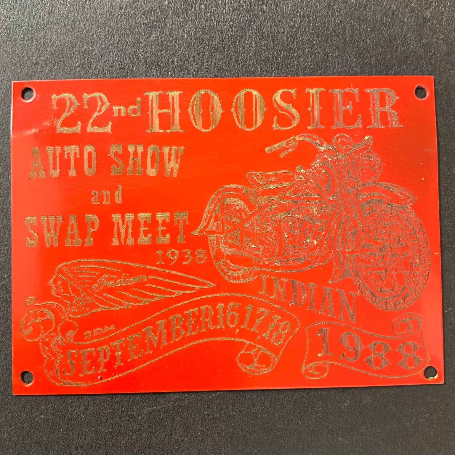 1988 Indian Motorcycle 22nd Hoosier Auto Show Swap Meet Plaque Red Metal