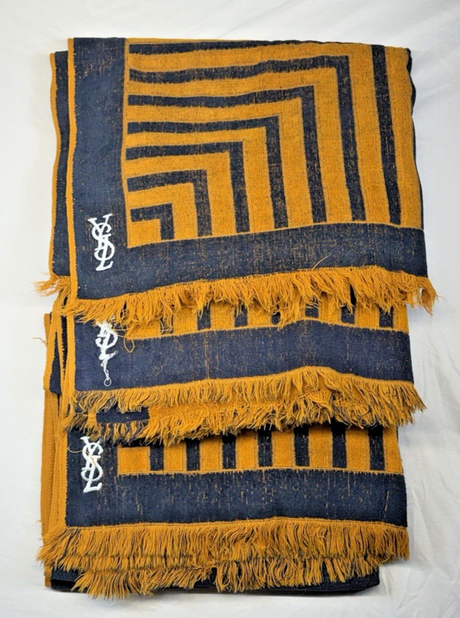 3 Vtg 70s Yves Saint Laurent x Fieldcrest Blue and Gold Stripe Bath Towel 44x26”