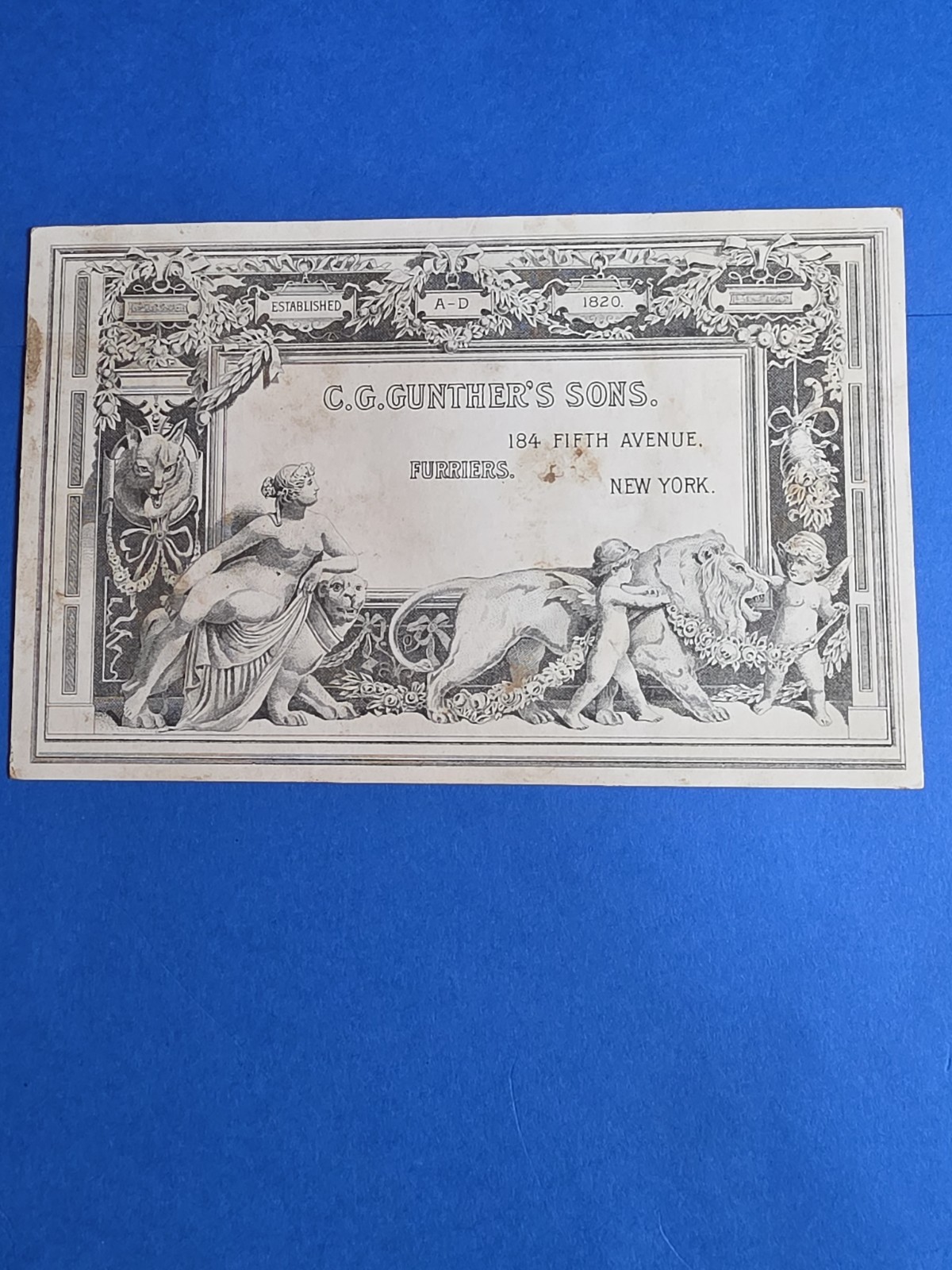Antique C.G. Gunther's Sons Furriers Trade Card 184 Fifth Avenue New York c.1890