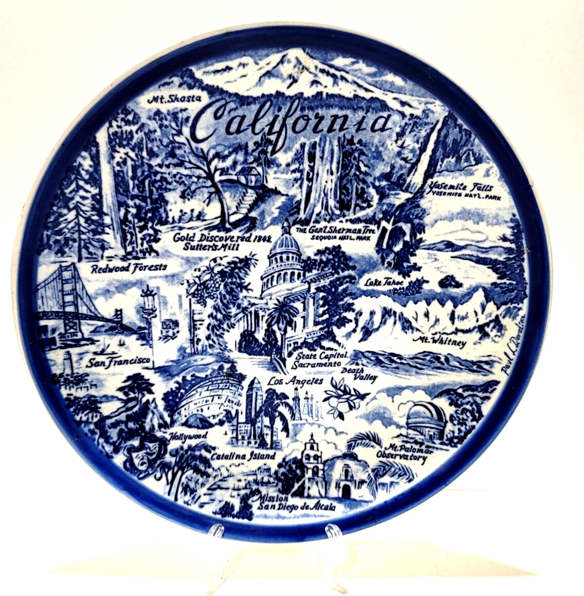 VTG California Blue Transferware 9 in Ceramic Souvenir Plate by Karol Western LA