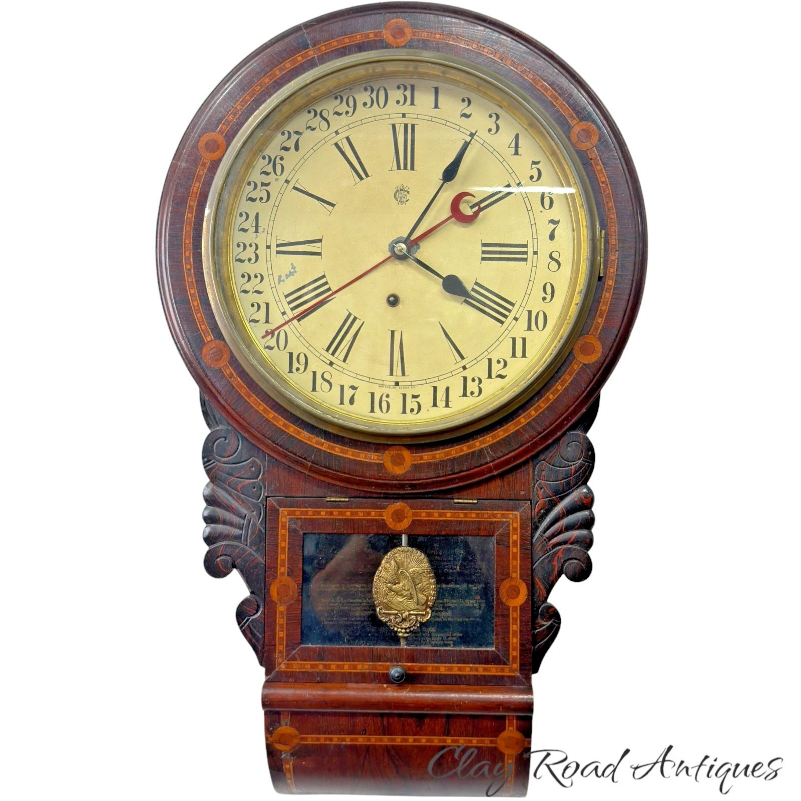 Antique rosewood inlaid waterbury Calendar wall clock rare model 1893 victorian