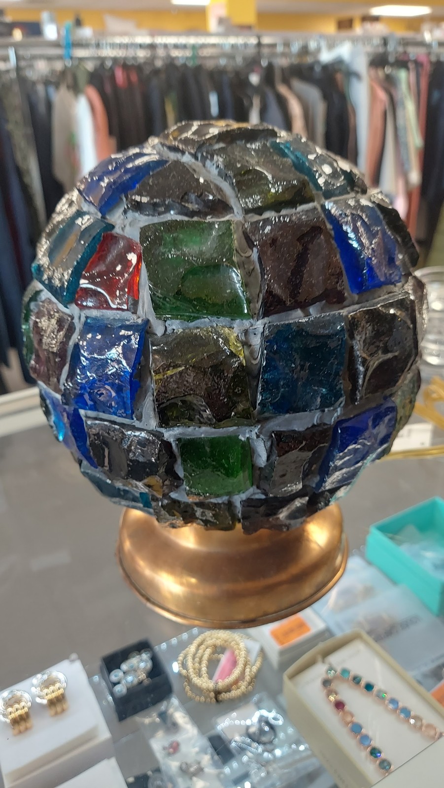 Mosaic Art Glass Globe Sphere Sculpture on Brass Base Blue Green Red