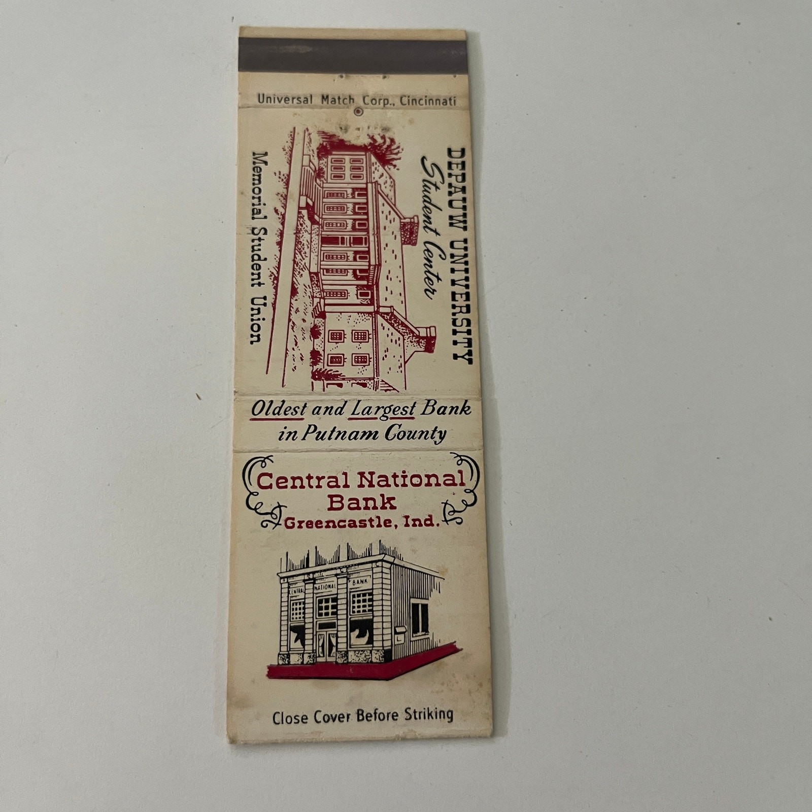 Central National Bank Greencastle IN Vintage Matchbook Cover SMB6-2